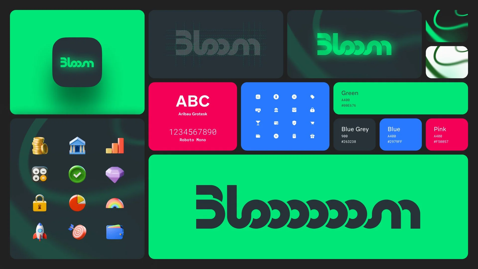 A collection of graphic design elements including a green and black logo with the word 'Bloom'. Various color palette swatches, icons, and a red card with text, numbers, and font styles are displayed.