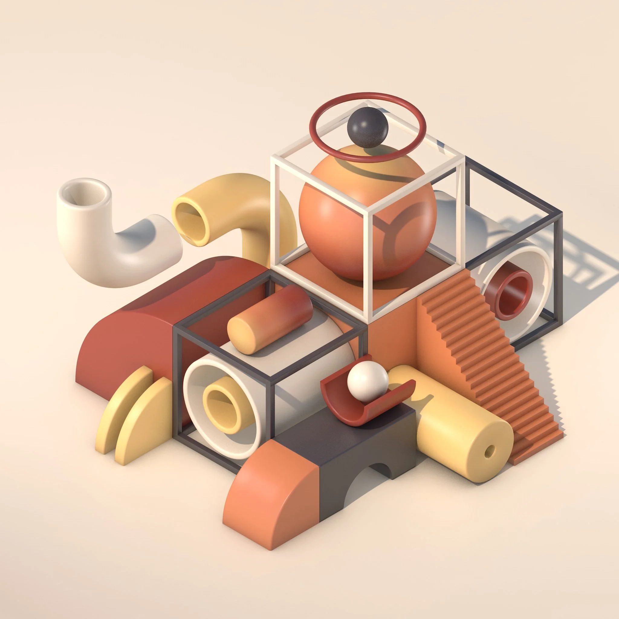 Abstract geometric sculpture with tubes, spheres, stairs, and frames in pastel colors