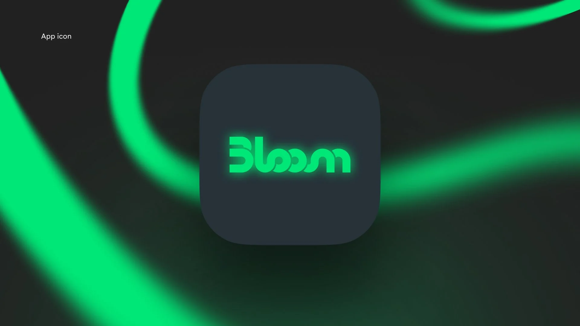 Bloom app icon on a dark background with green neon light streaks.