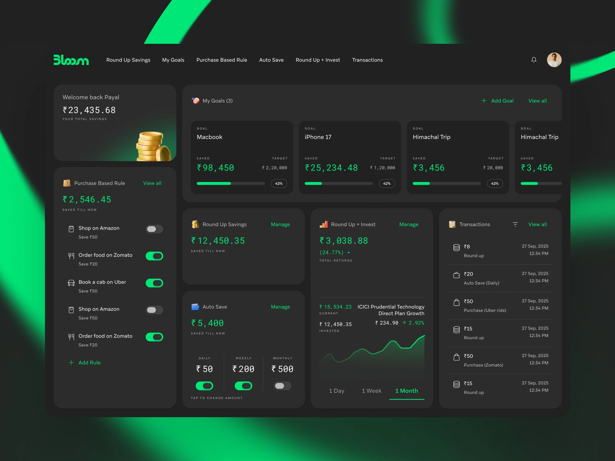 A digital dashboard interface with financial and savings management features, including goal tracking, recent transactions, and multiple savings tools, displayed on a dark background with green accents.
