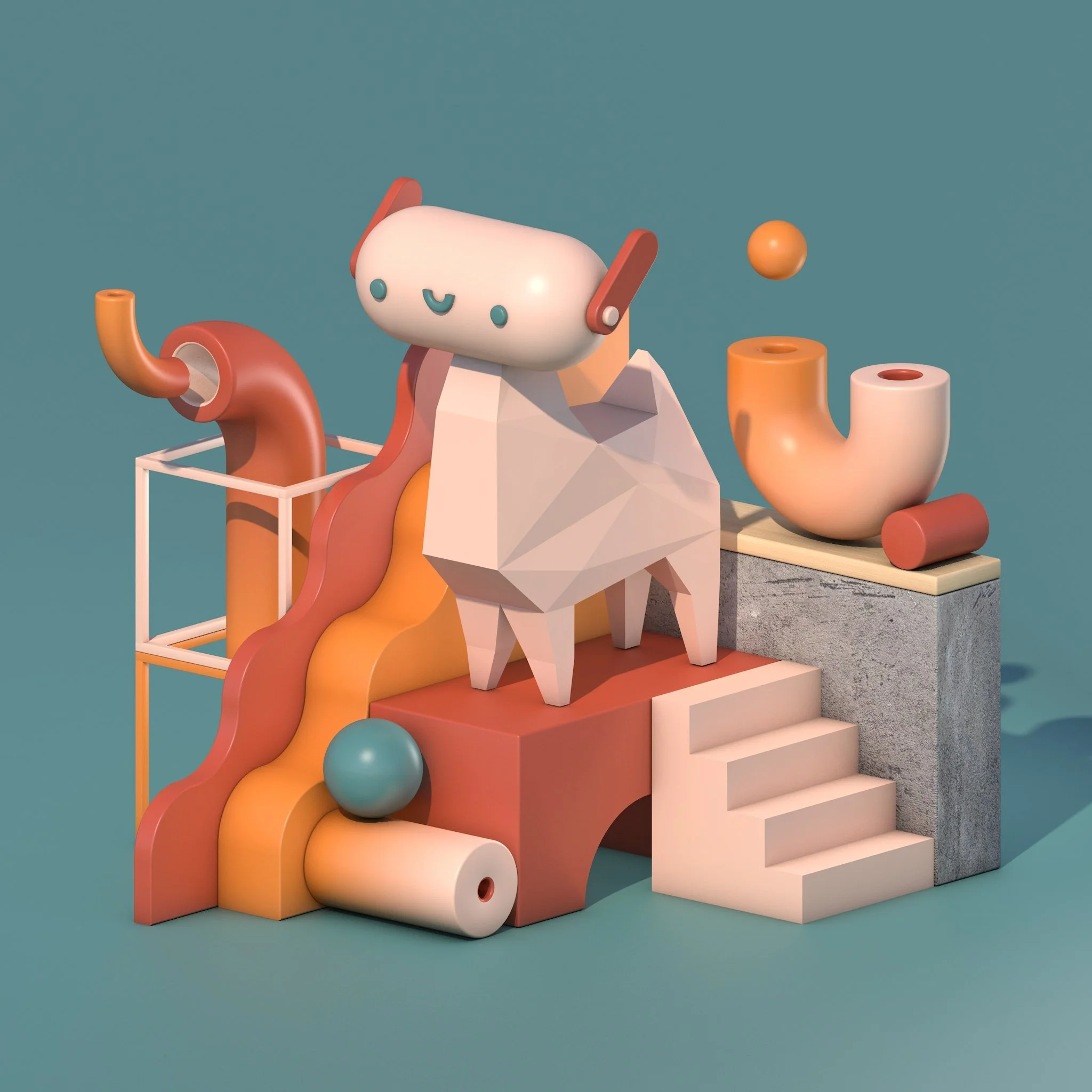 Colorful abstract geometric sculpture with animal and pipe shapes on stairs and platform