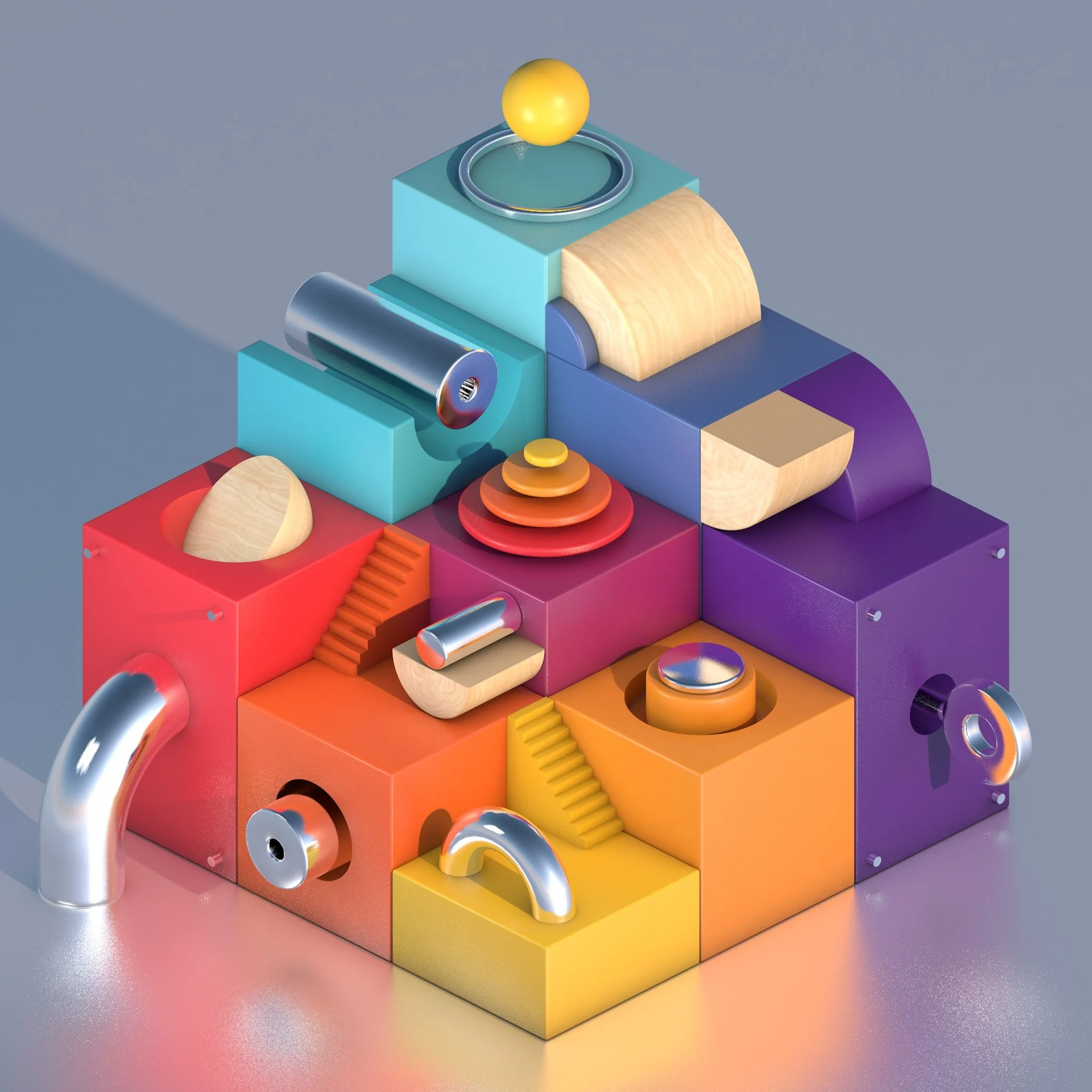 A colorful abstract sculpture made of various shapes, including cubes, cylinders, and spheres, arranged in a stacked formation on a gray background.
