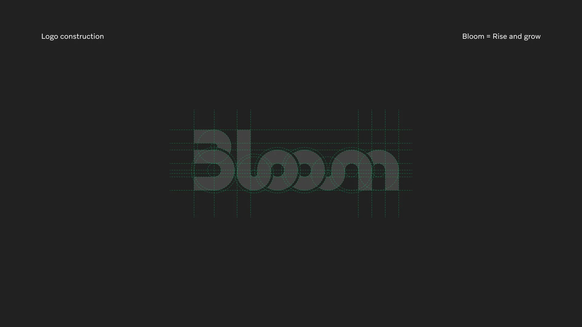 A logo design with the word 'Bloom' in lowercase, characterized by rounded lettering and graphic guidelines, with annotations indicating logo construction and the idea that bloom signifies rising and growth.