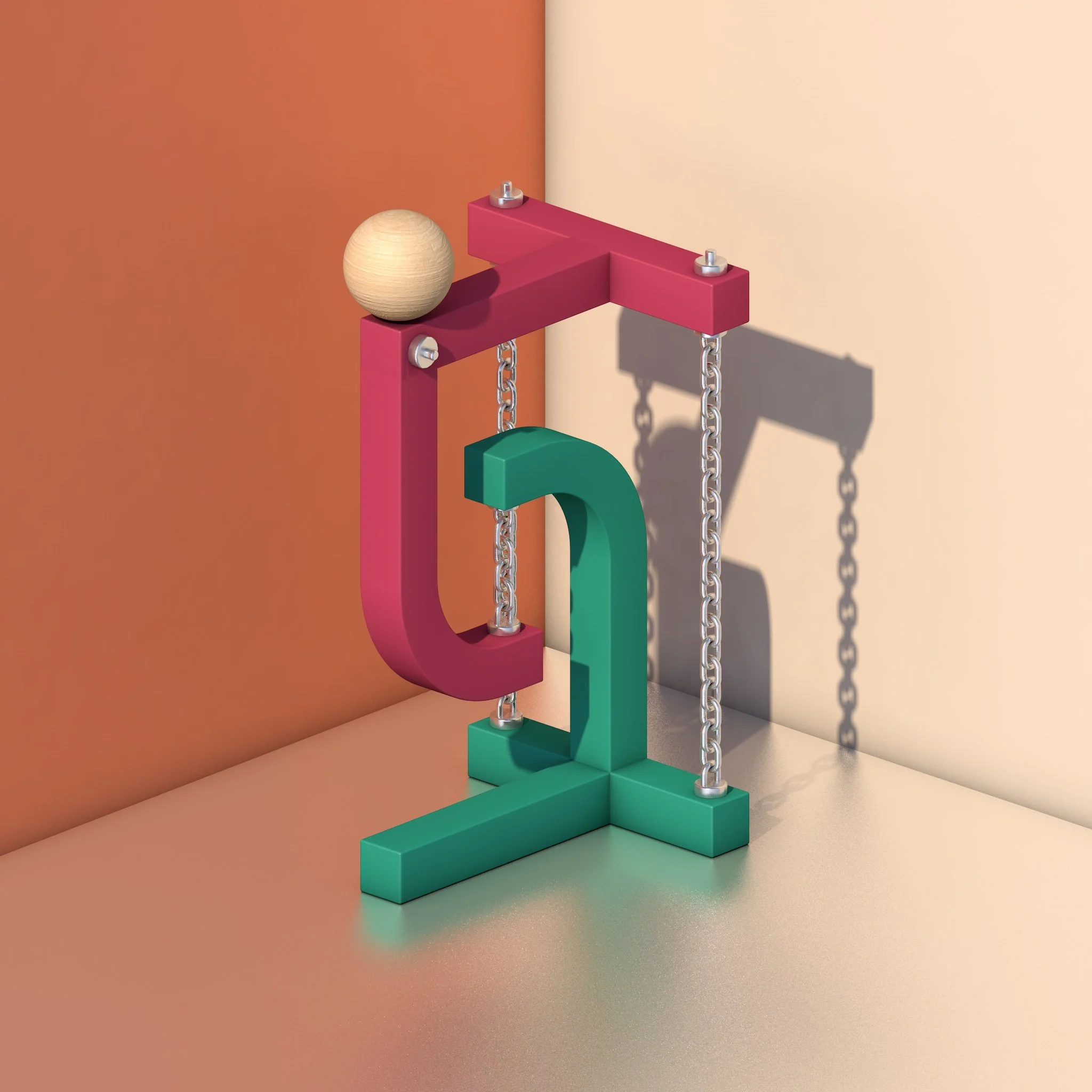 Colorful abstract sculpture featuring the numbers 2 and 3 interconnected with chains, on a two-tone background.