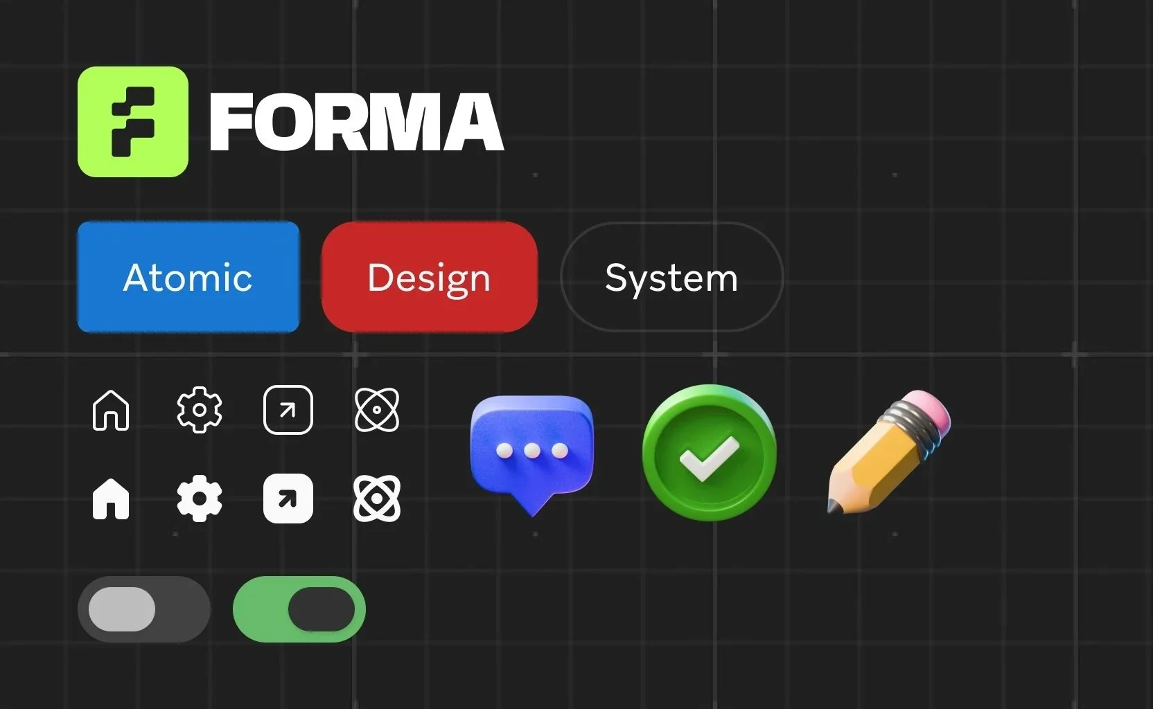 A digital graphic with the title 'FORM' and buttons labeled 'Atomic', 'Design', and 'System'. It also features four icons: a house, a gear, a compass arrow, and an X, with toggle switches below them. There are three icons in the center: a speech bubble, a green checkmark, and a pink eraser, representing different functions or features.