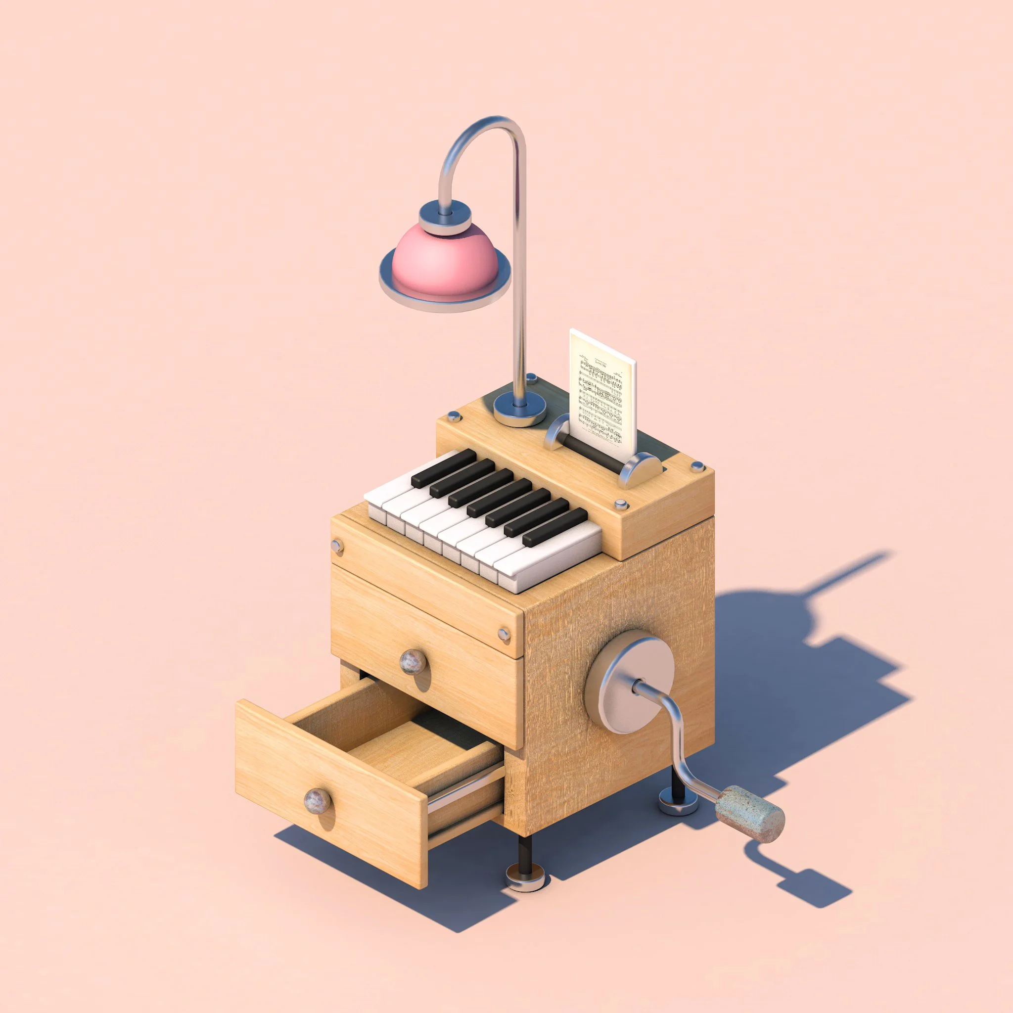 A small wooden toy music box with black and white piano keys on top, a pink desk lamp, and a tiny receipt or paper tucked into a slot, all set against a soft pink background.