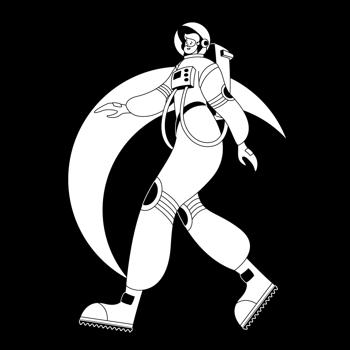 Black and white illustration of an astronaut connected to a spaceship, standing against a dark background.