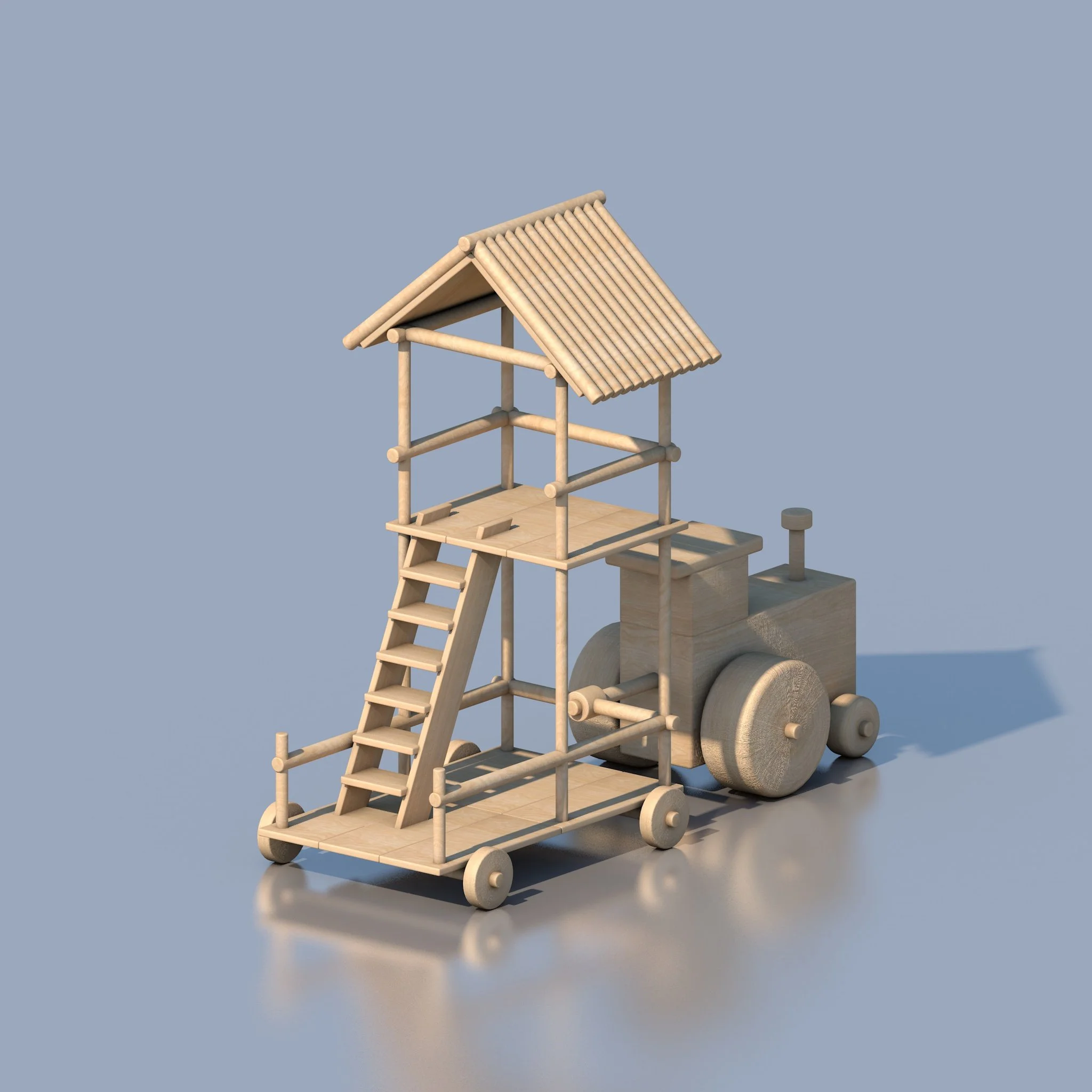 Wooden toy train with a tower and stairs on a flat surface.