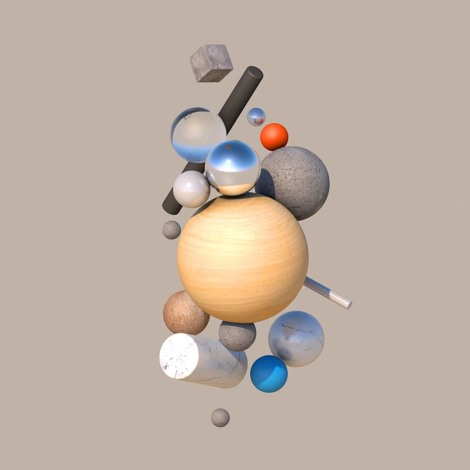 A digital abstract sculpture composed of various geometric shapes including spheres, cylinders, and cuboids in different colors and textures, arranged on a neutral background.