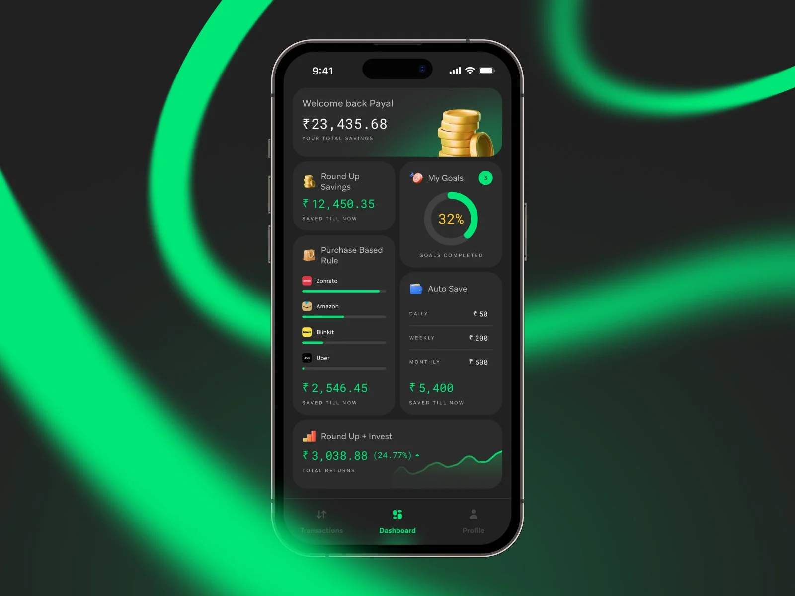 A smartphone displaying a financial savings app dashboard with account balance, savings goals, purchase rules, and investment returns, set against a dark background with green neon accents.