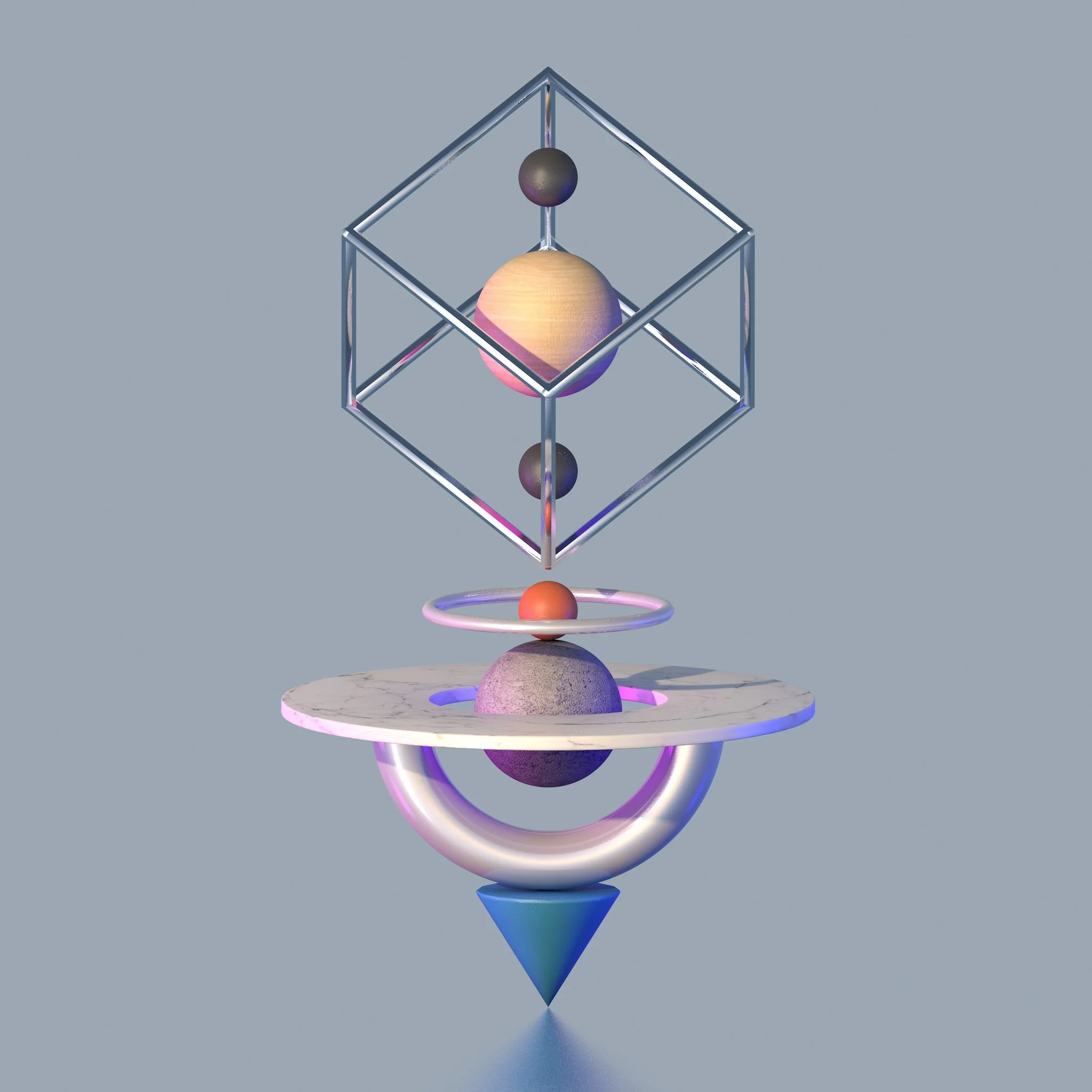 Abstract geometric art featuring a floating cube with spheres inside, a marble disc, glowing rings, and a downward-pointing cone, all arranged in a symmetrical composition with metallic and pastel colors.