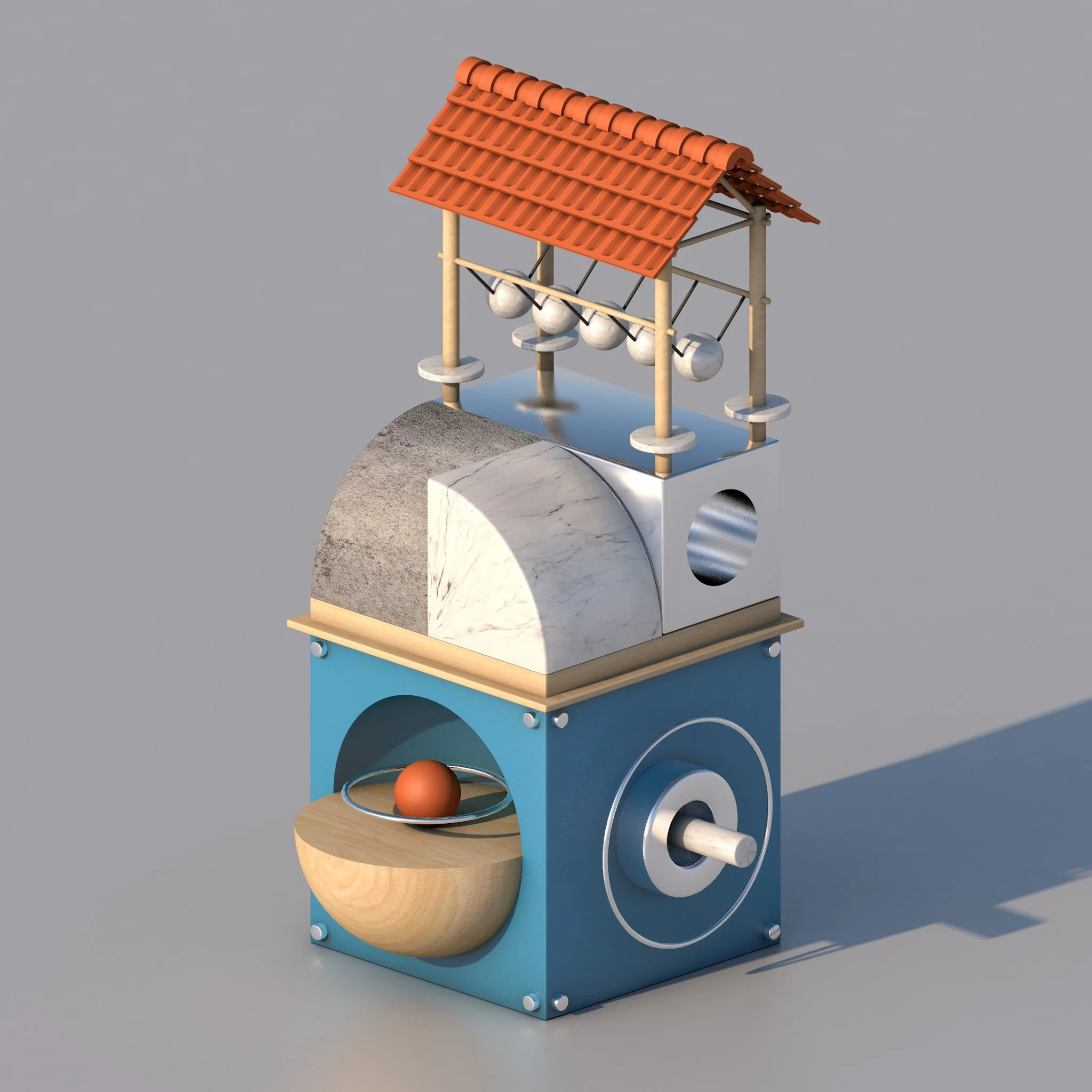 A modern mechanical marble run with multiple levels and a small roof, featuring various curved and straight tracks, a marble in a bowl at the bottom, and colored surfaces in blue, wood, and marble.