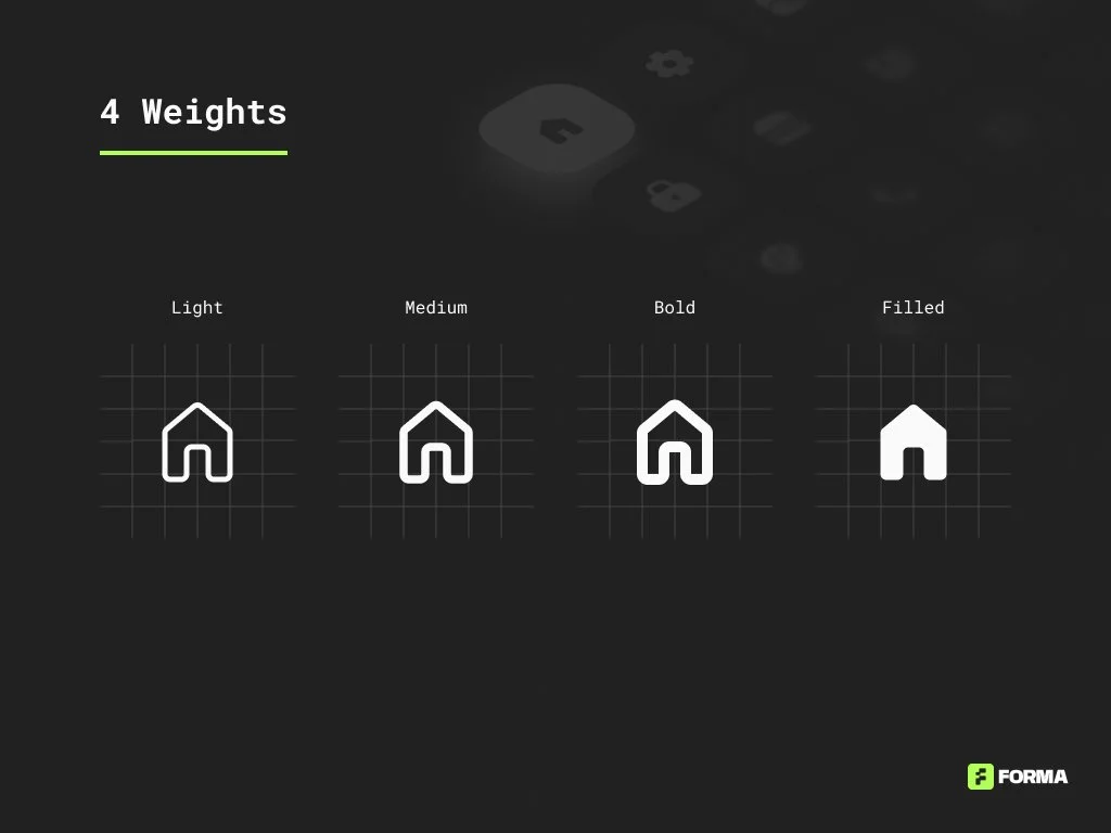 Graphic showing four different weights of a house icon: Light, Medium, Bold, and Filled, each with increasing visual thickness.