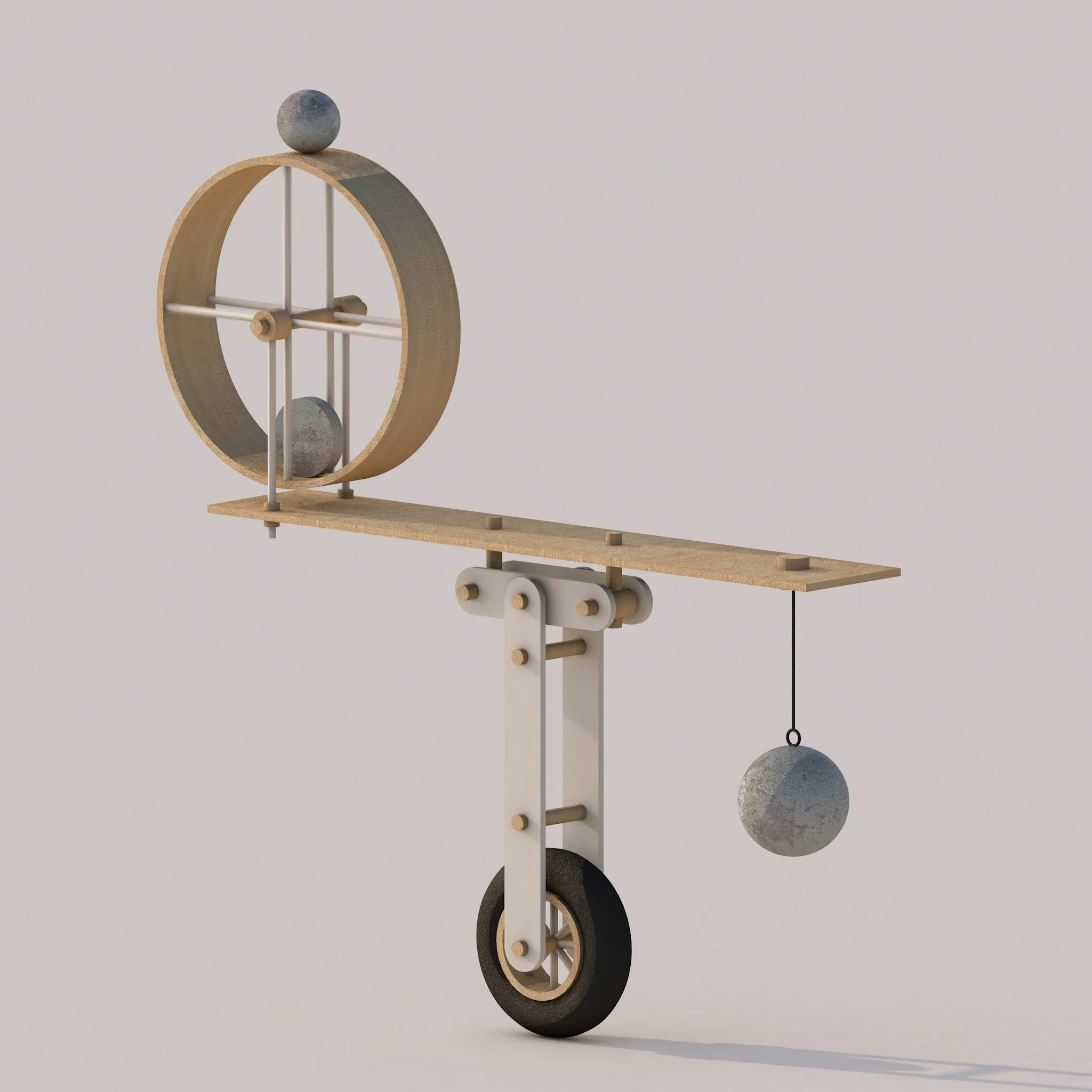 A minimalist mechanical sculpture with a large wooden wheel, a hanging stone ball, and a smaller wheel at the bottom, assembled with metal rods and brackets.