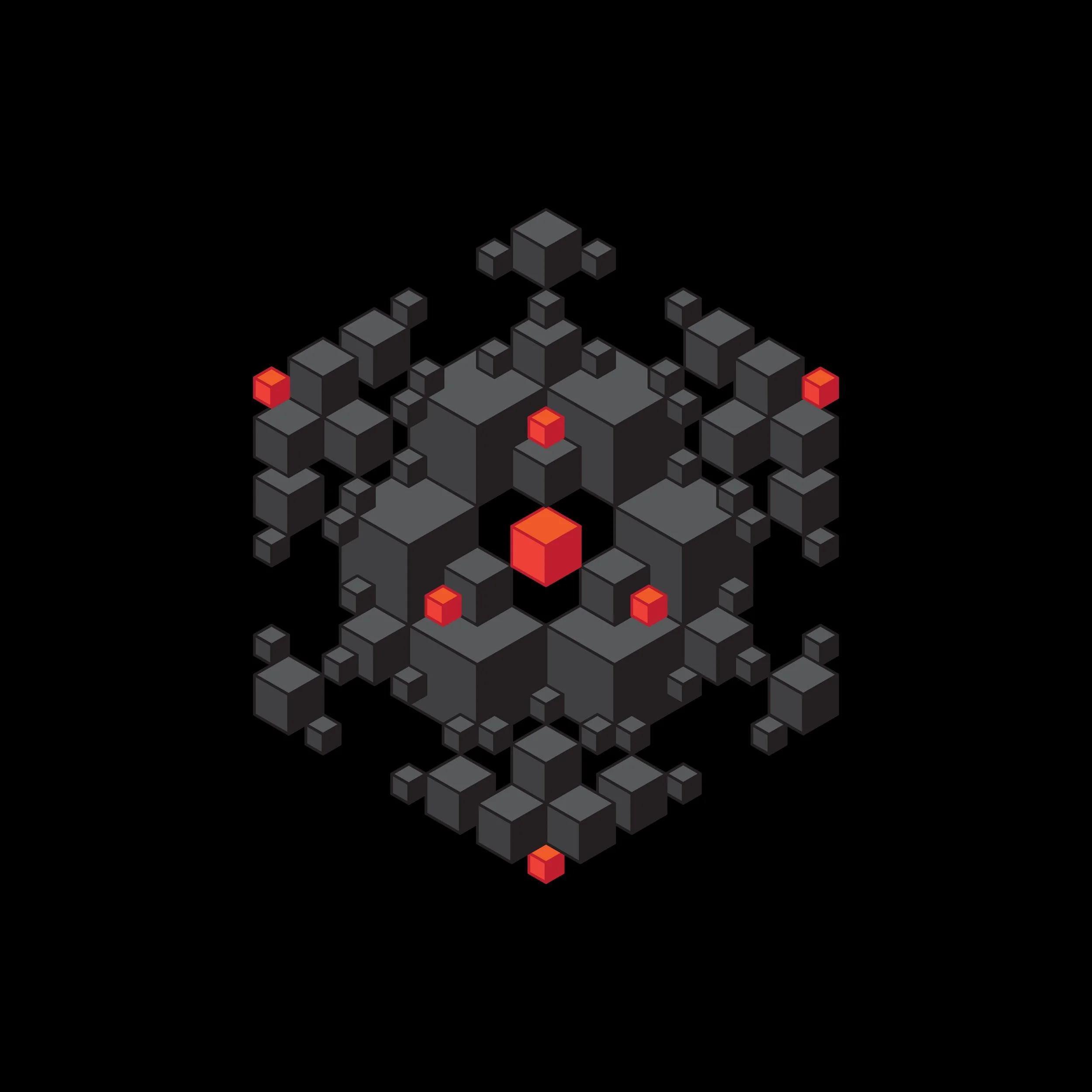 A 3D isometric digital illustration of a complex geometric structure made of black, gray, and red cubes arranged in a symmetrical pattern against a black background.