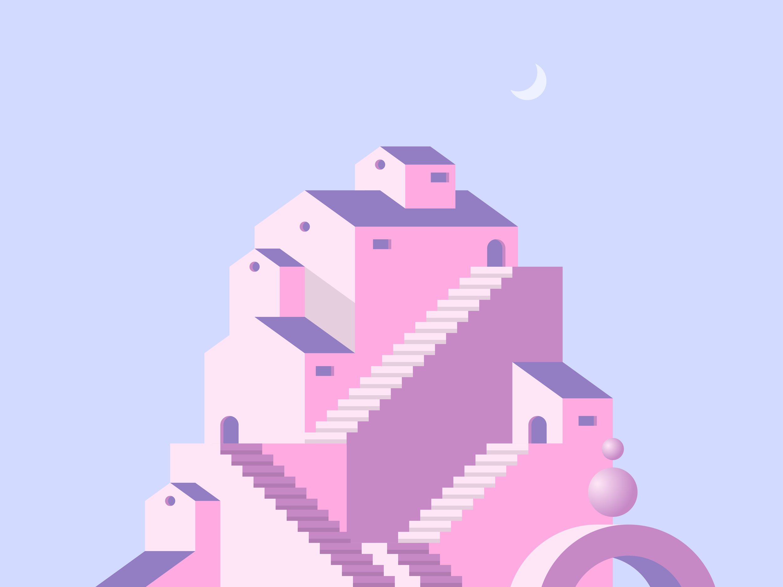 A pastel-colored, abstract digital illustration of a multi-level structure with staircases and small houses against a light blue sky with a crescent moon.