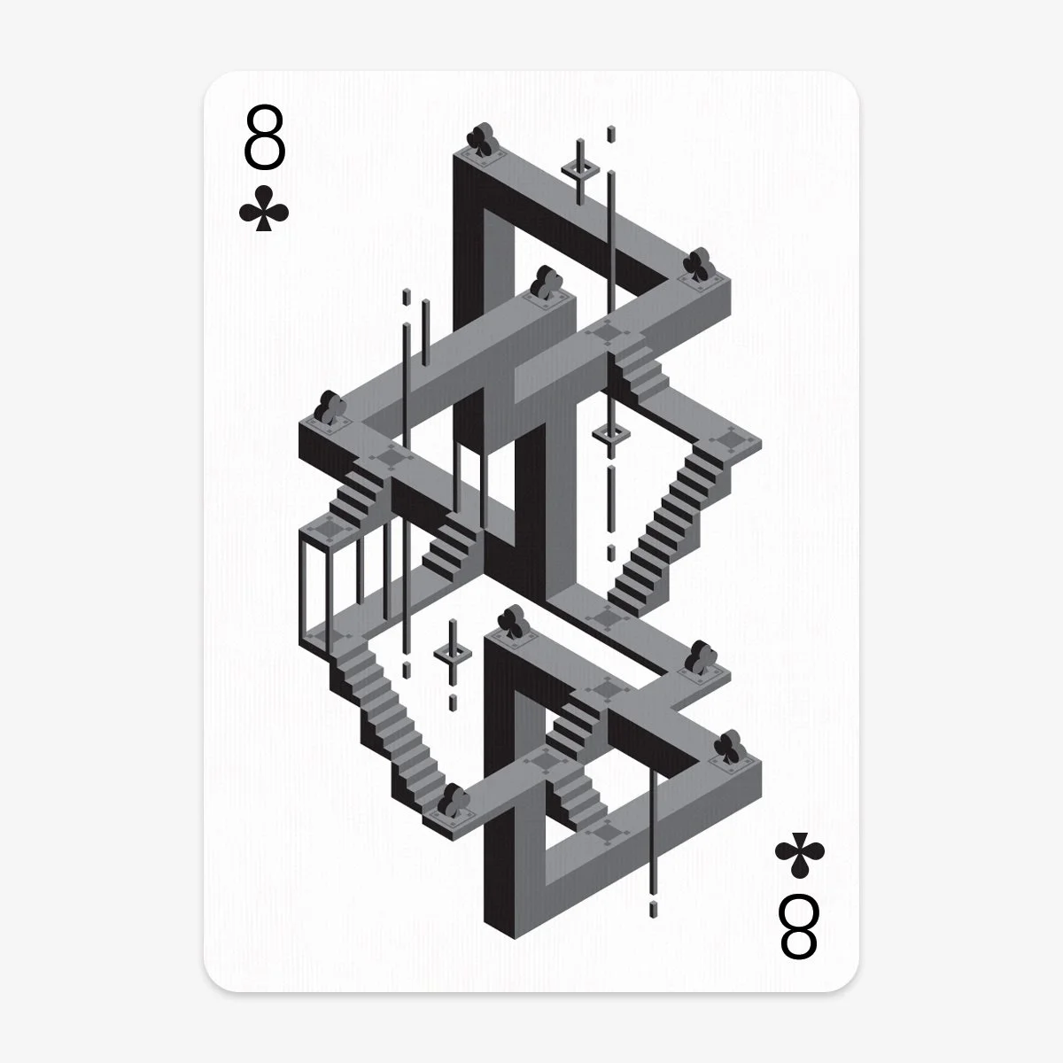 A black and white 3D isometric illustration of the eight of clubs playing card, featuring interconnected staircases and pathways in a surreal architectural design.