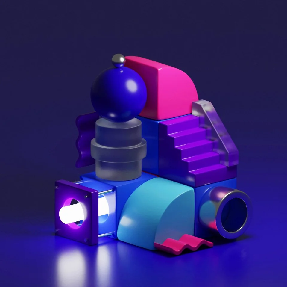 Colorful abstract geometric sculpture with spheres, cubes, stairs, and a tube, illuminated against a dark background.