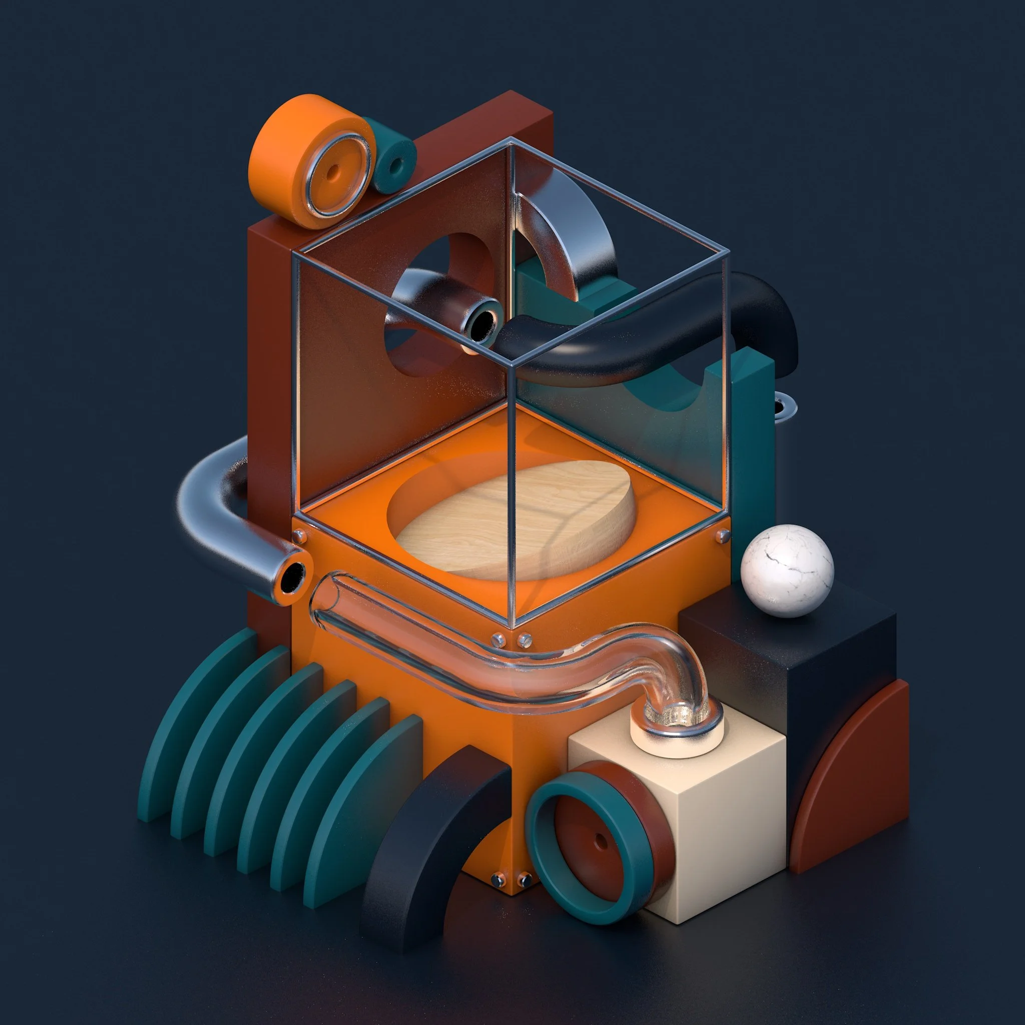 Abstract geometric sculpture with various colorful shapes, tubes, and a clear cube, arranged on a black background.