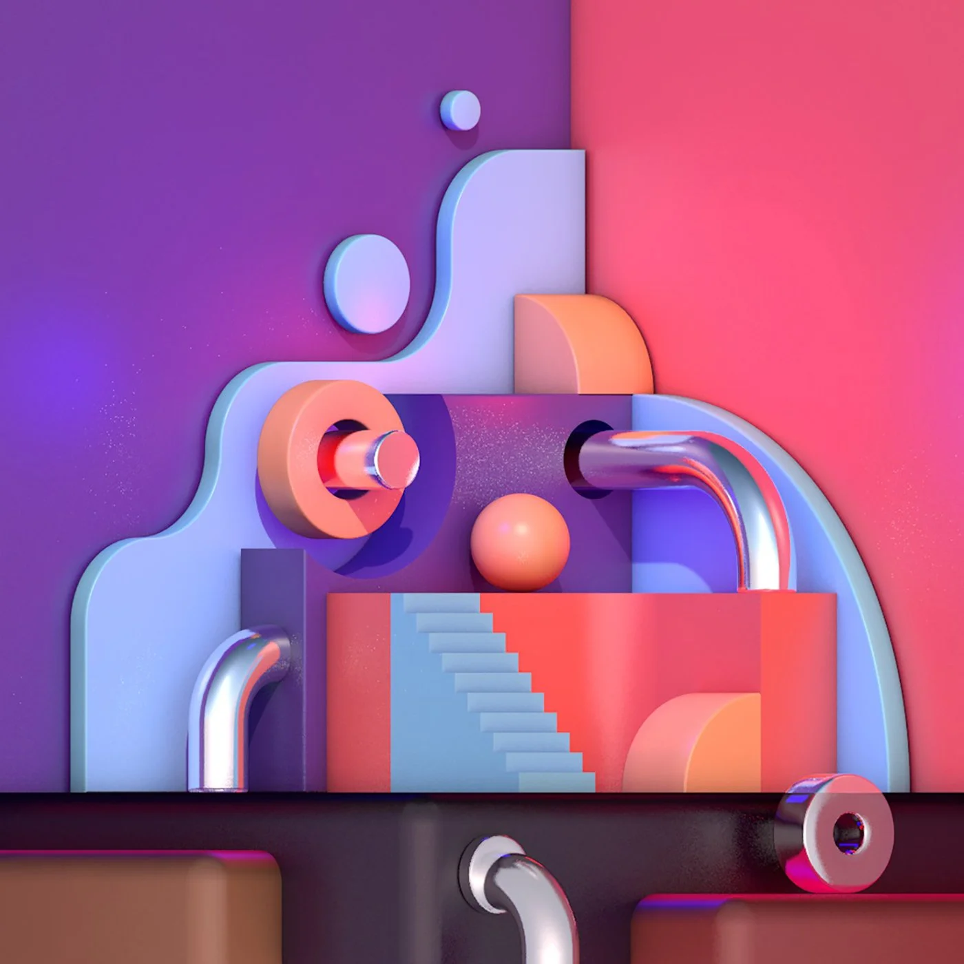 Abstract 3D geometric scene with pastel pink, purple, blue, and orange shapes, including spheres, stairs, and curved pipes.