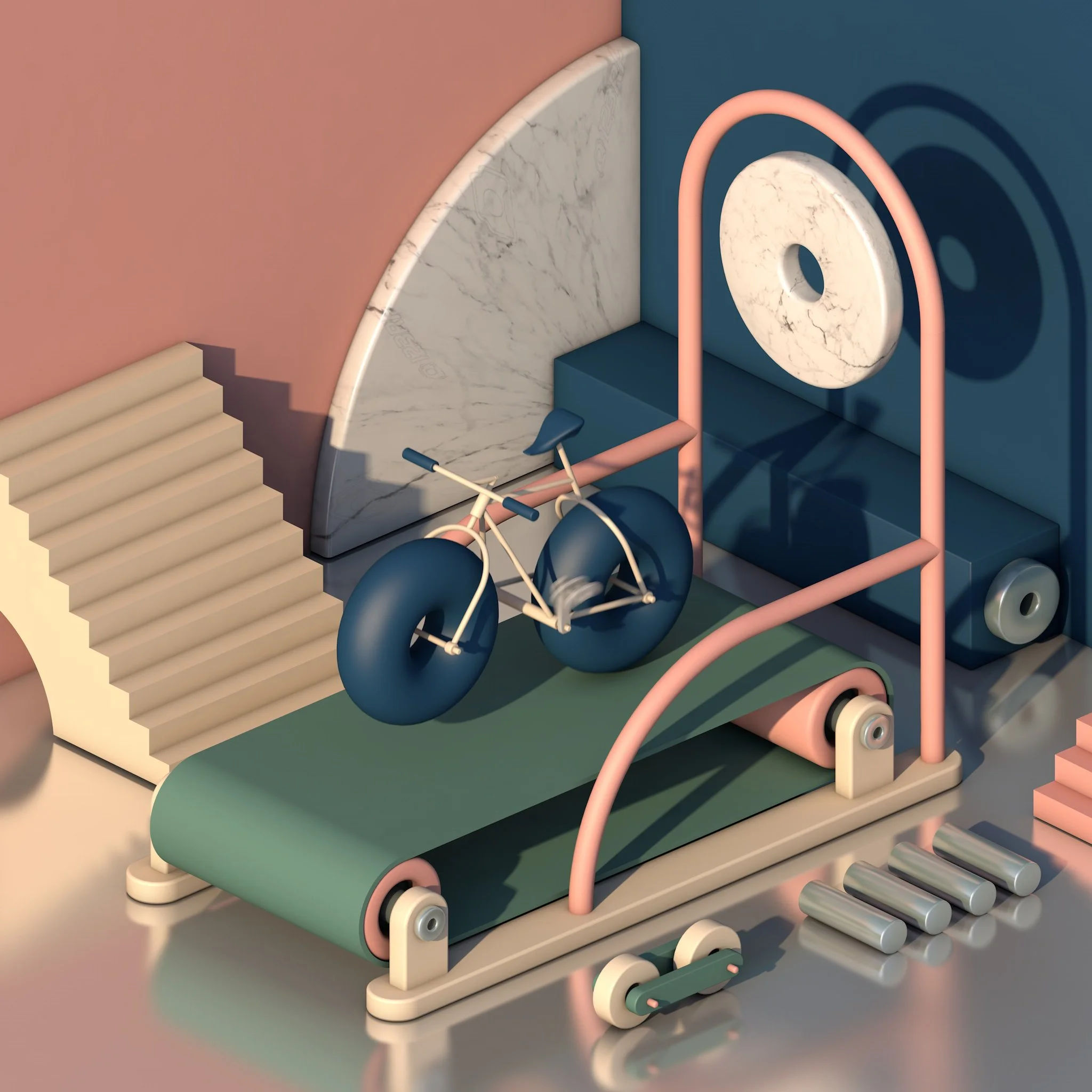 A digital illustration of a modern, abstract gym setup featuring a treadmill, a bicycle on a platform, and various geometric elements.