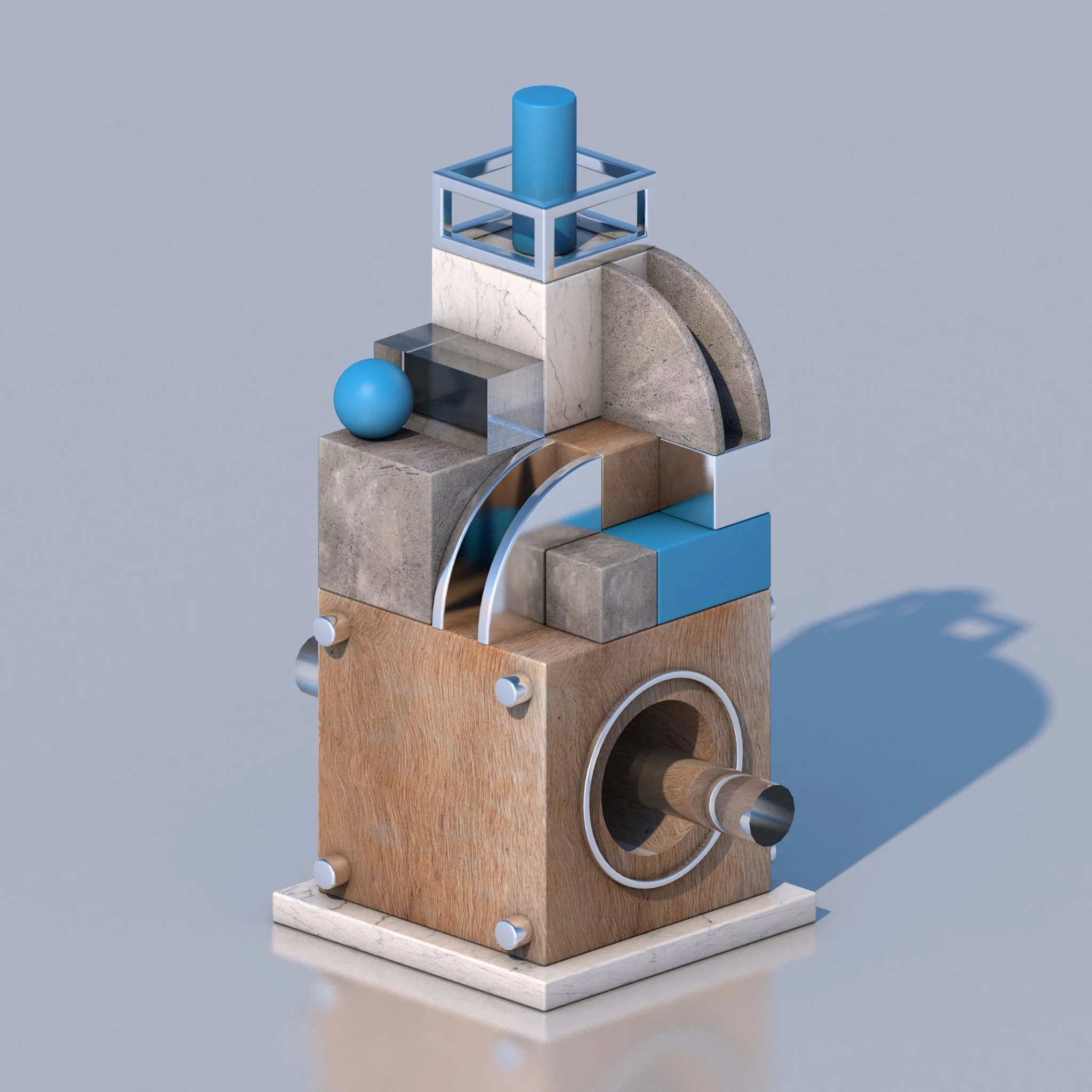 A modern abstract sculpture composed of various geometric shapes and materials, including wood, metal, concrete, and marble, arranged in a vertical structure on a light base, with a blue ball and cylindrical element featured.