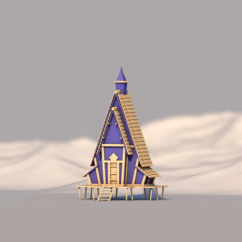 A stylized wooden house with a steep roof, on stilts, with clouds in the background.