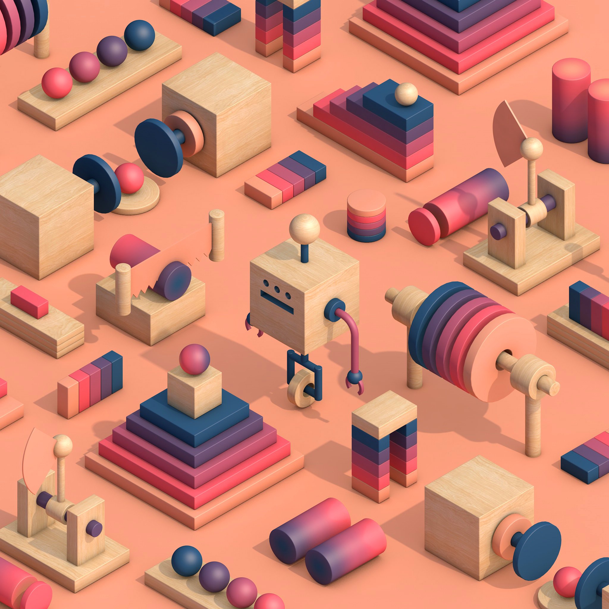 A collection of colorful abstract toy-like objects on a peach background, including blocks, spheres, cylinders, and mechanical parts.