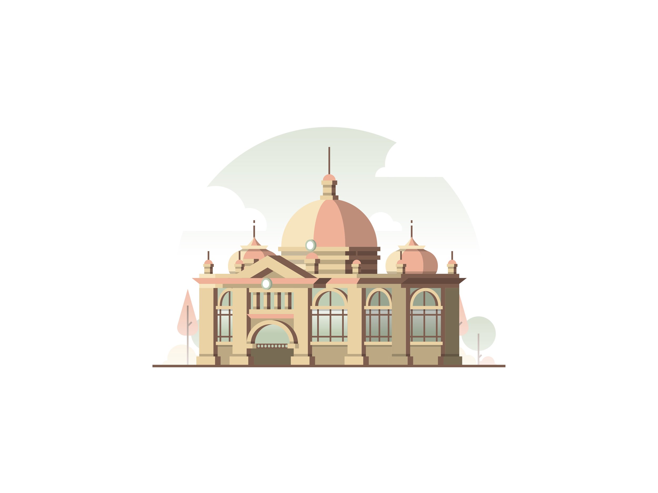 Illustration of a historic building with large arched windows and a domed roof with smaller domes surrounding it, set against a background of clouds and trees.