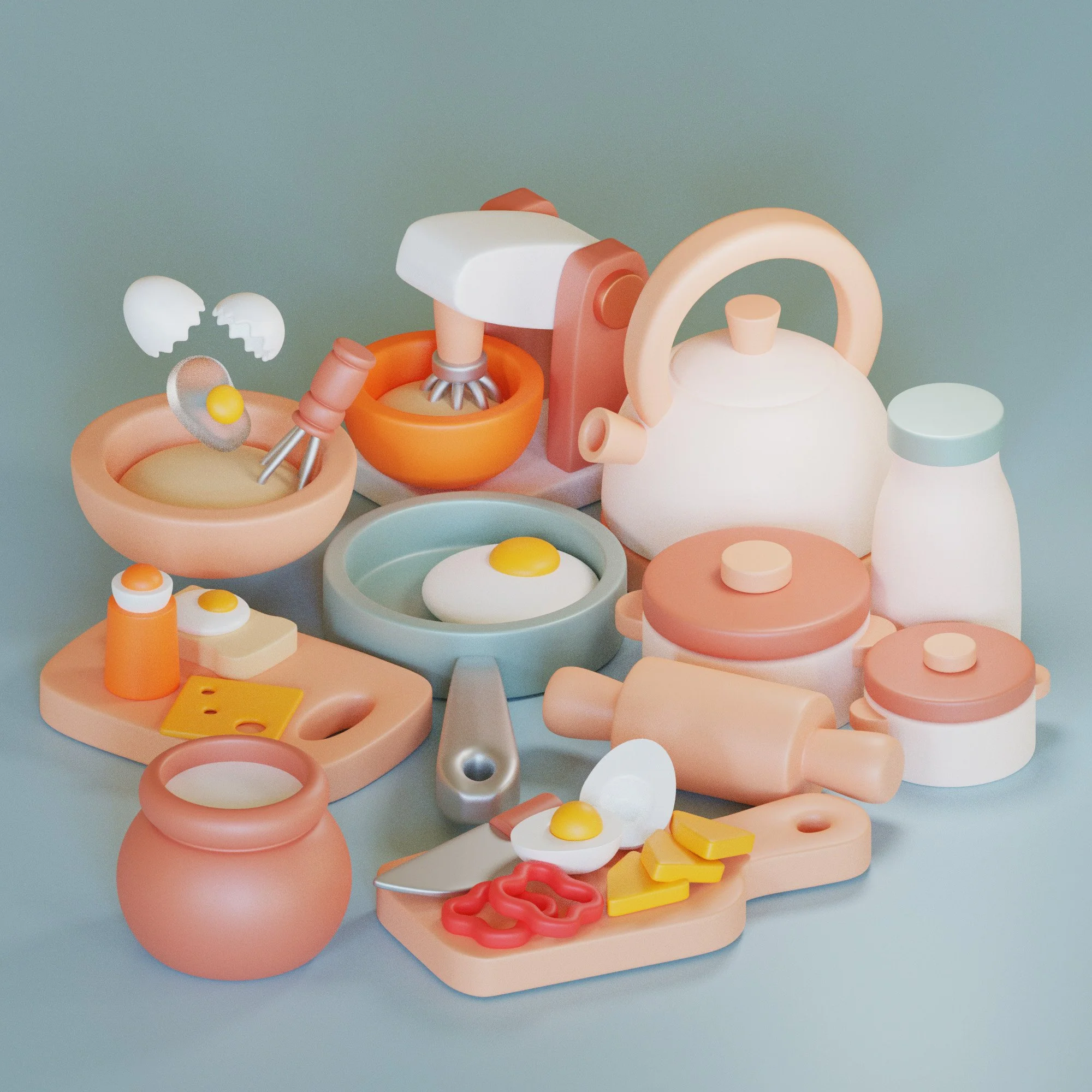 Colorful toy kitchen set with various kitchen items like a teapot, bowls with eggs, a cutting board with cheese and pepperoni, a milk bottle, and utensils.