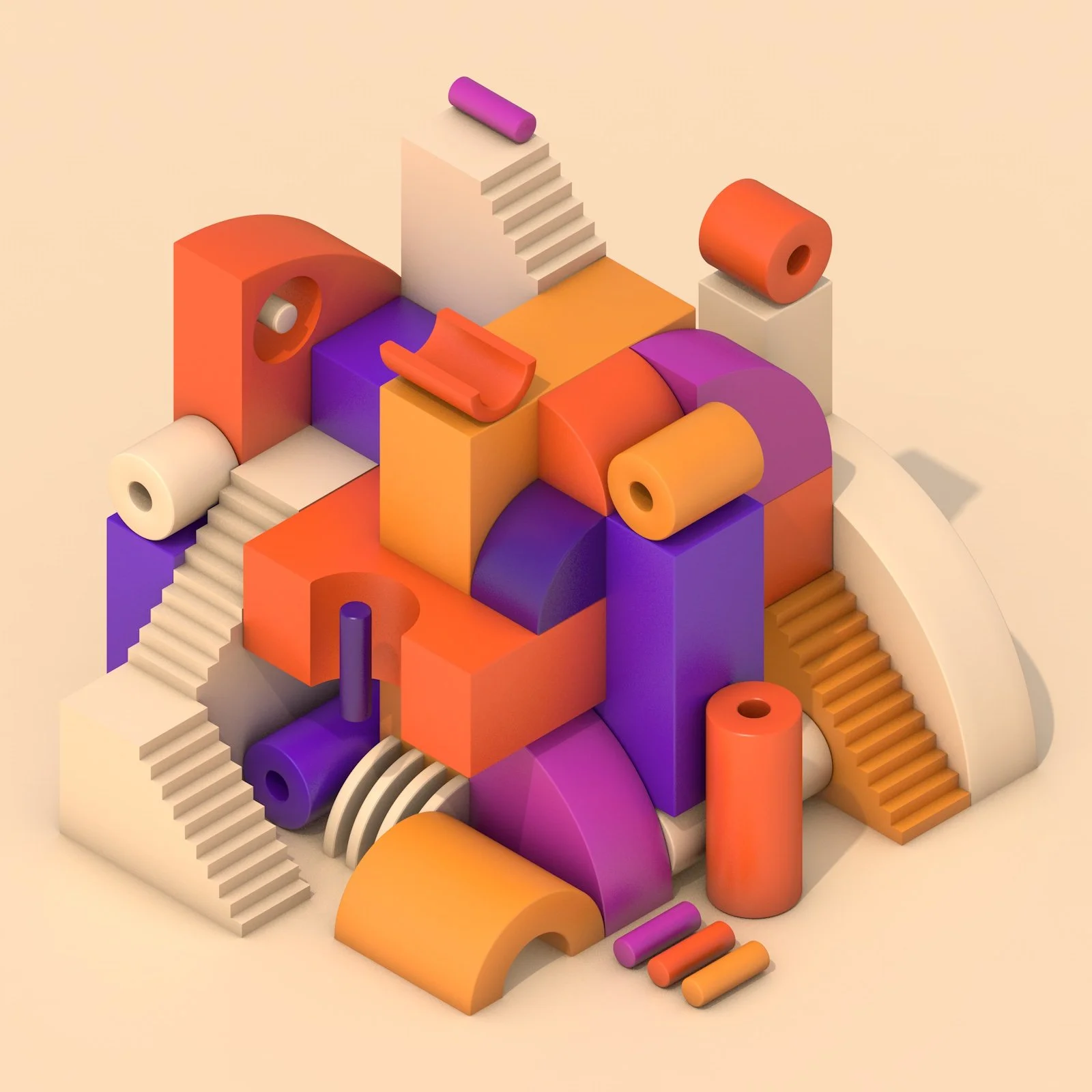 Colorful abstract geometric shapes with stairs and tubes arranged in a complex sculpture.