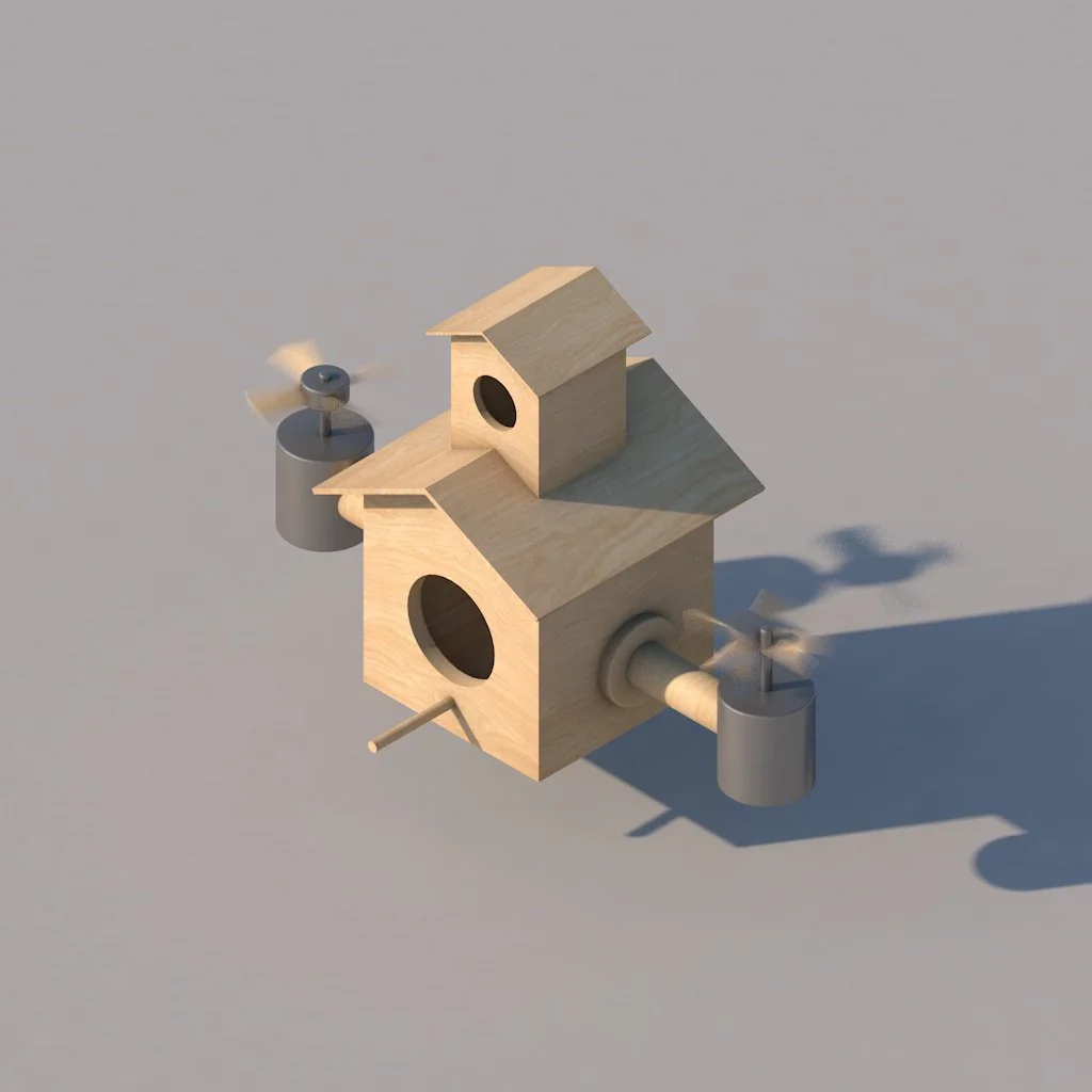 Two wooden birdhouses attached to a small drone flying in the sky.