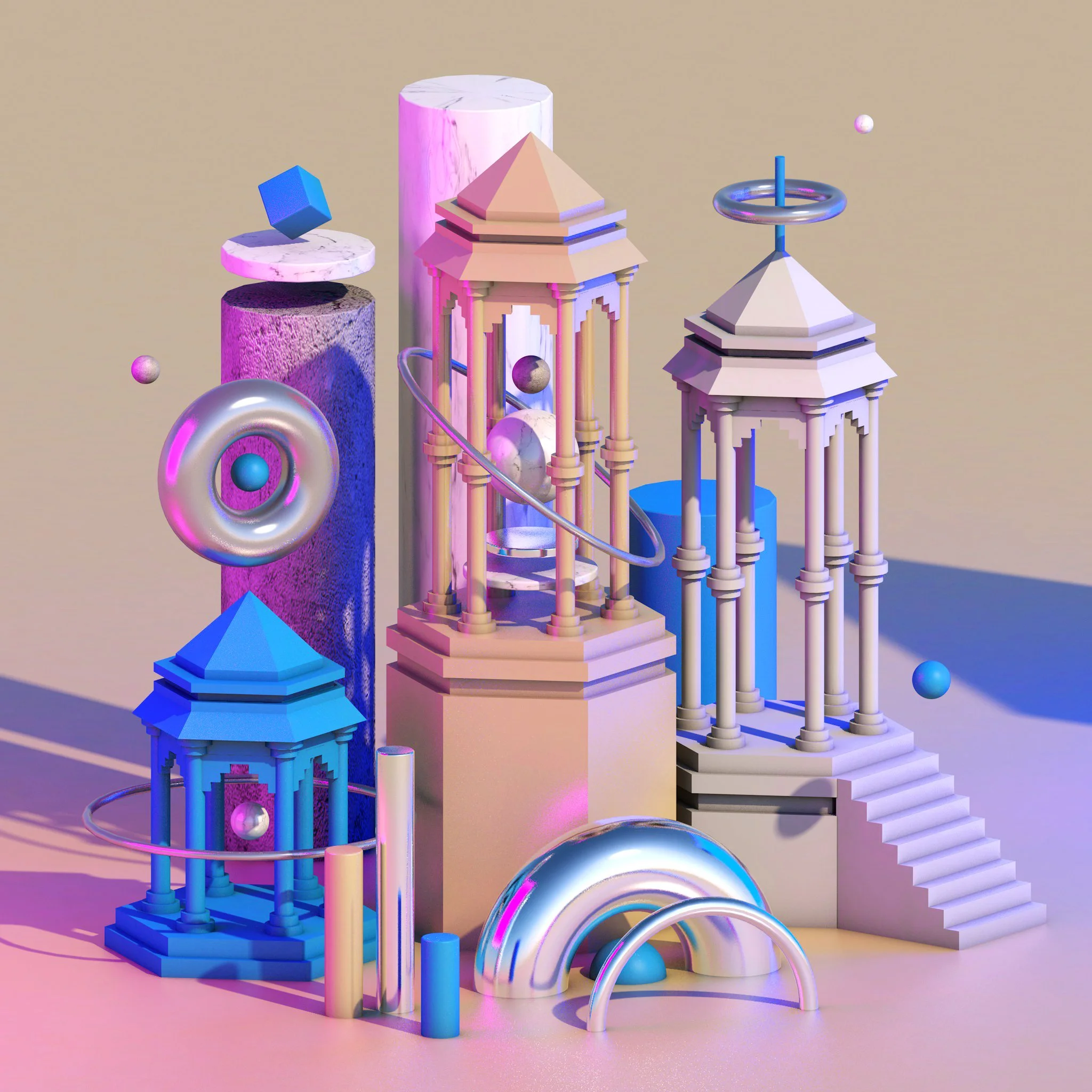 Abstract 3D geometric art with classical temple structures, colorful spheres, and rings set against a pastel background.