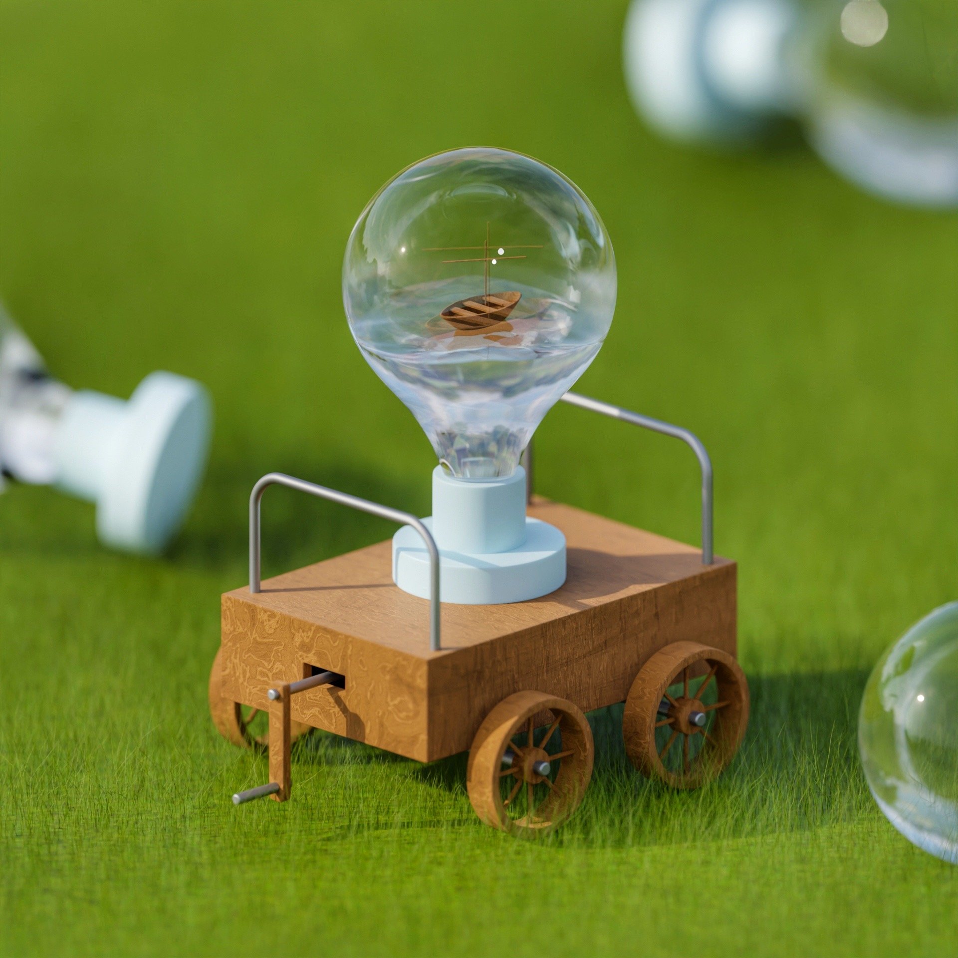 A miniature wooden cart with four wheels supporting a glass sphere containing a small wooden boat, set on a grassy surface.