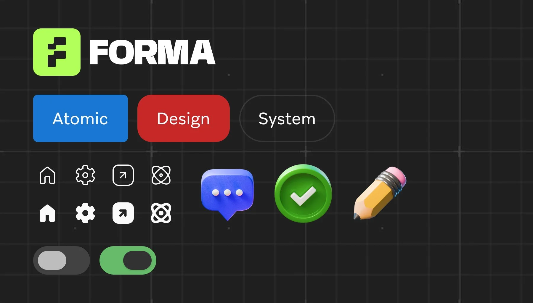Digital interface with colorful buttons labeled Atomic, Design, and System, icons for home, settings, arrow, and crossed out, as well as speech bubble, check mark, and pencil icons.