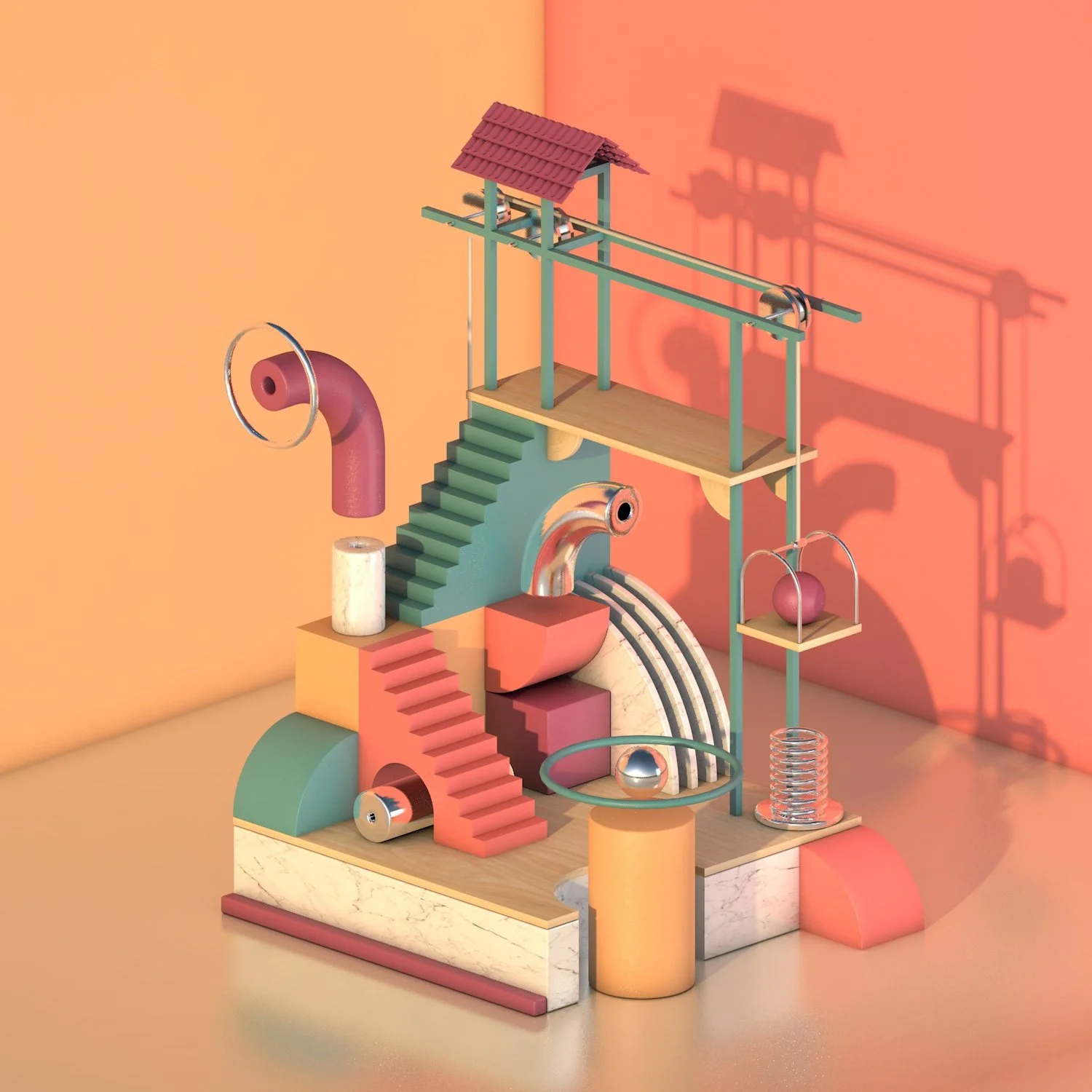 Abstract colorful geometric sculpture with stairs, pipes, and platforms, casting shadows on a pink and orange background.