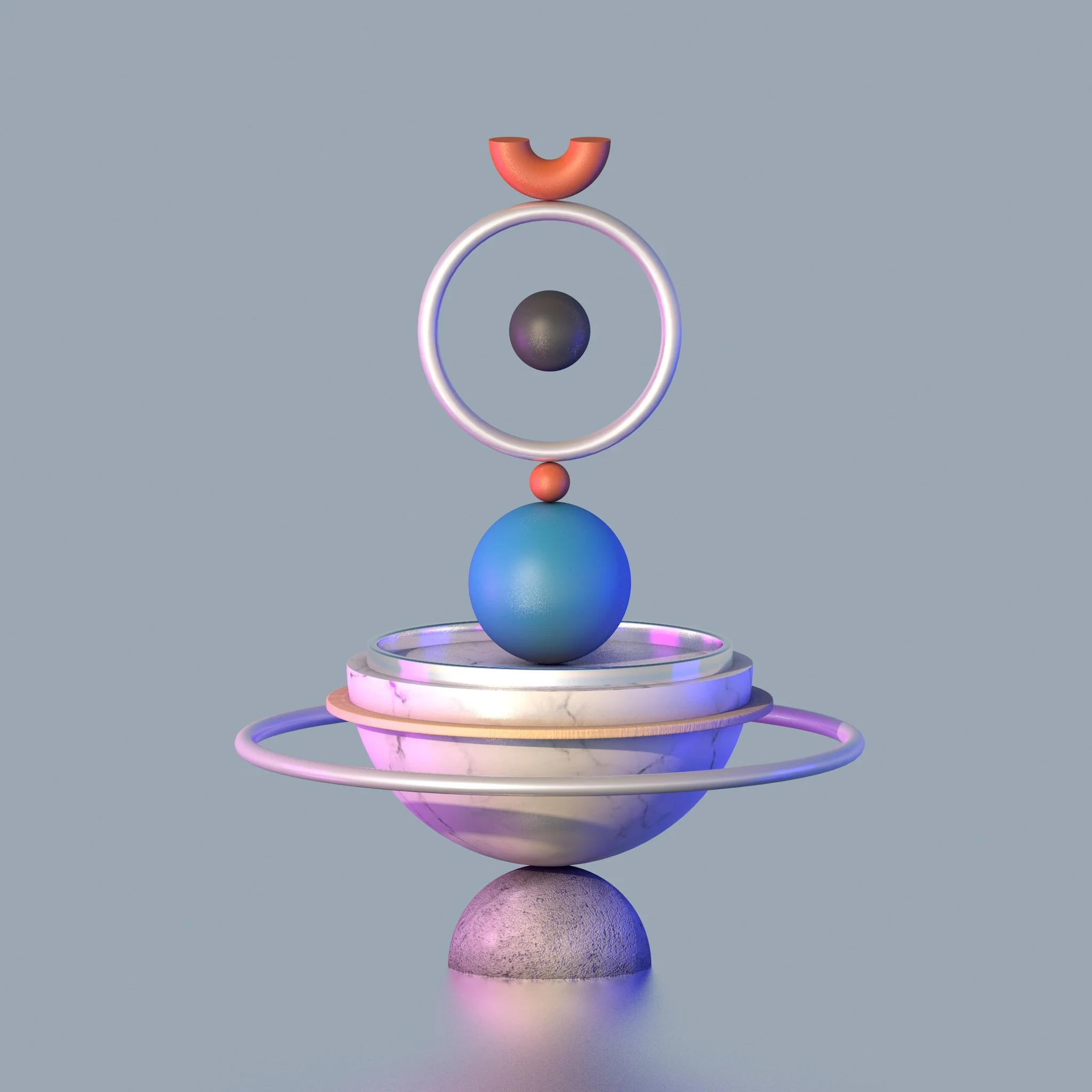 Abstract geometric sculpture featuring a large blue sphere, white torus, smaller spheres, and rings on a gray background.