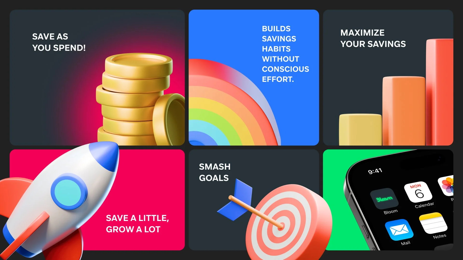A collage of graphics promoting savings and goal achievement, including stacks of gold coins, a rainbow chart with text, a bar chart, a rocket, a dart hitting a target, and a smartphone with app icons.