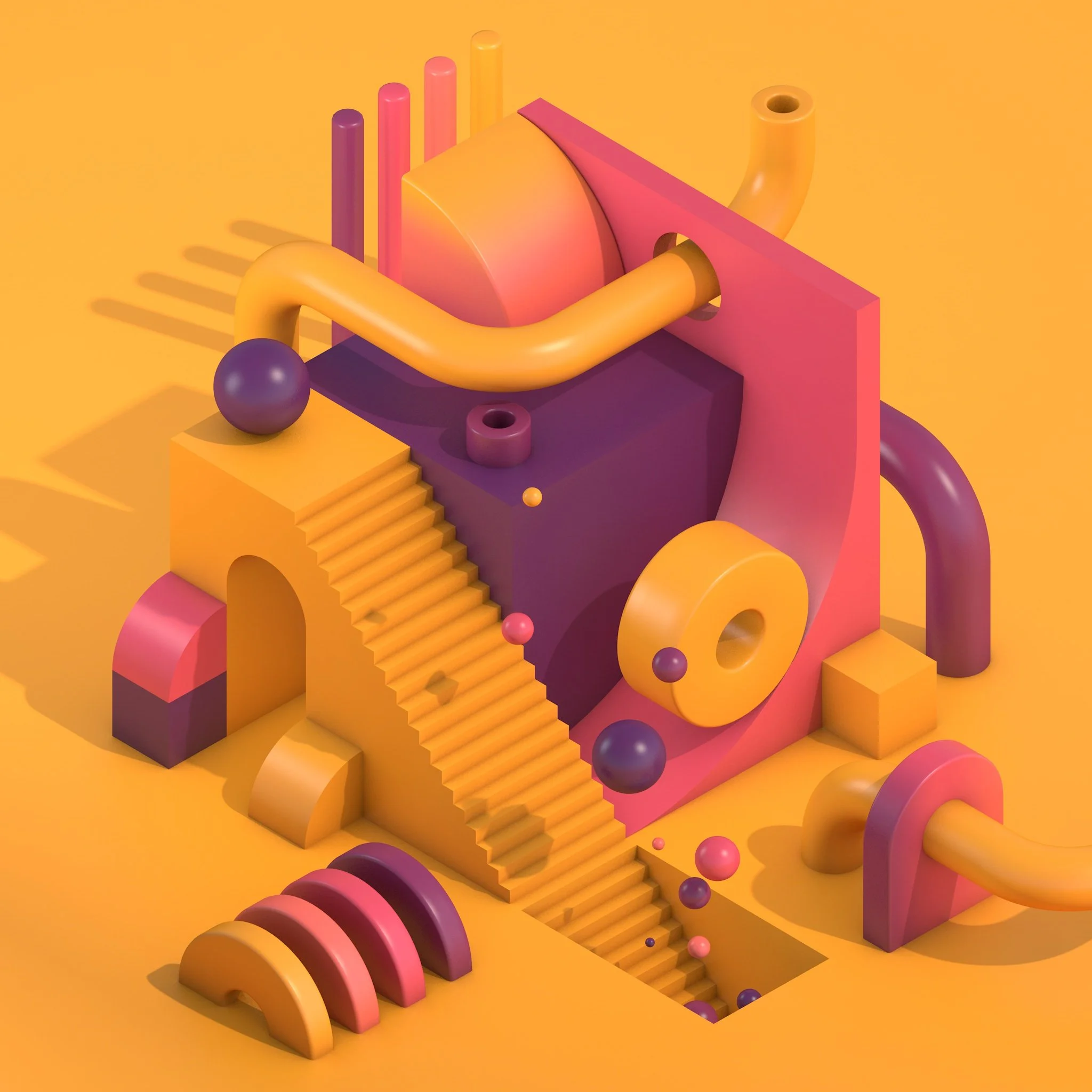 Abstract 3D geometric shapes in pink, purple, and yellow with stairs, pipes, balls, and platforms on a yellow background.
