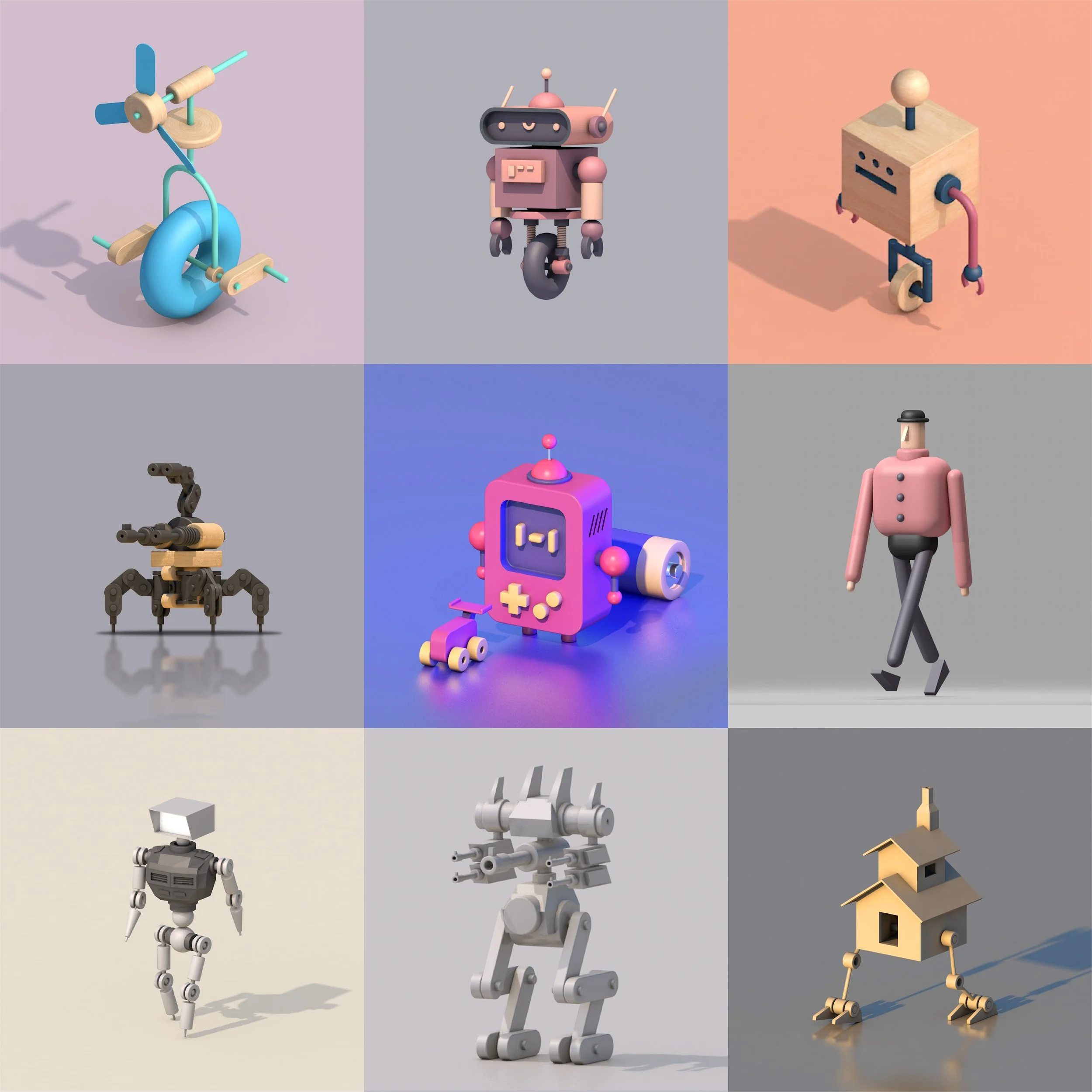 A collage of nine colorful 3D-rendered robots with various shapes and designs.