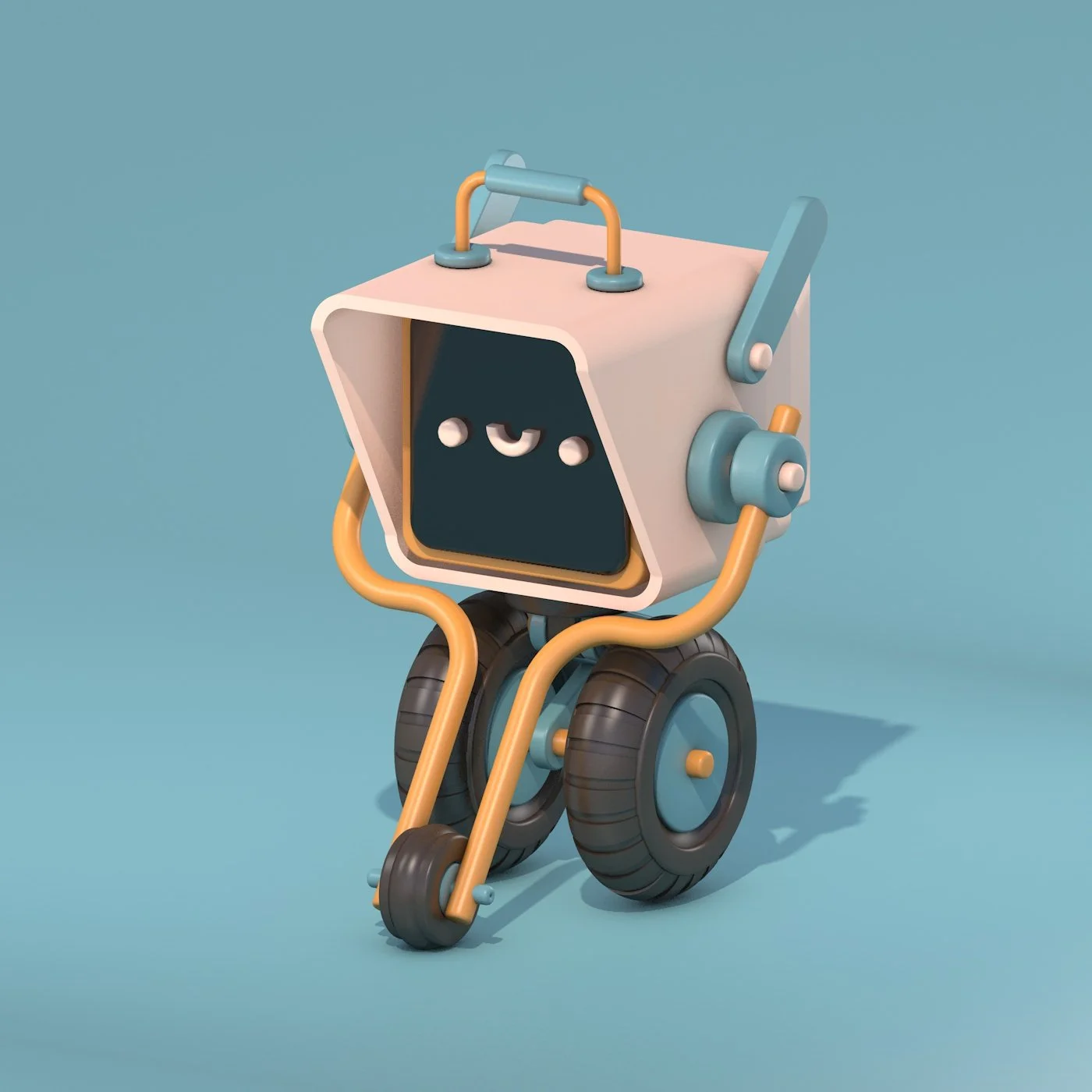 A cartoon robotic character with a small black screen face, two white dots, and a crescent shape, standing on two large tires with orange and blue mechanical parts.