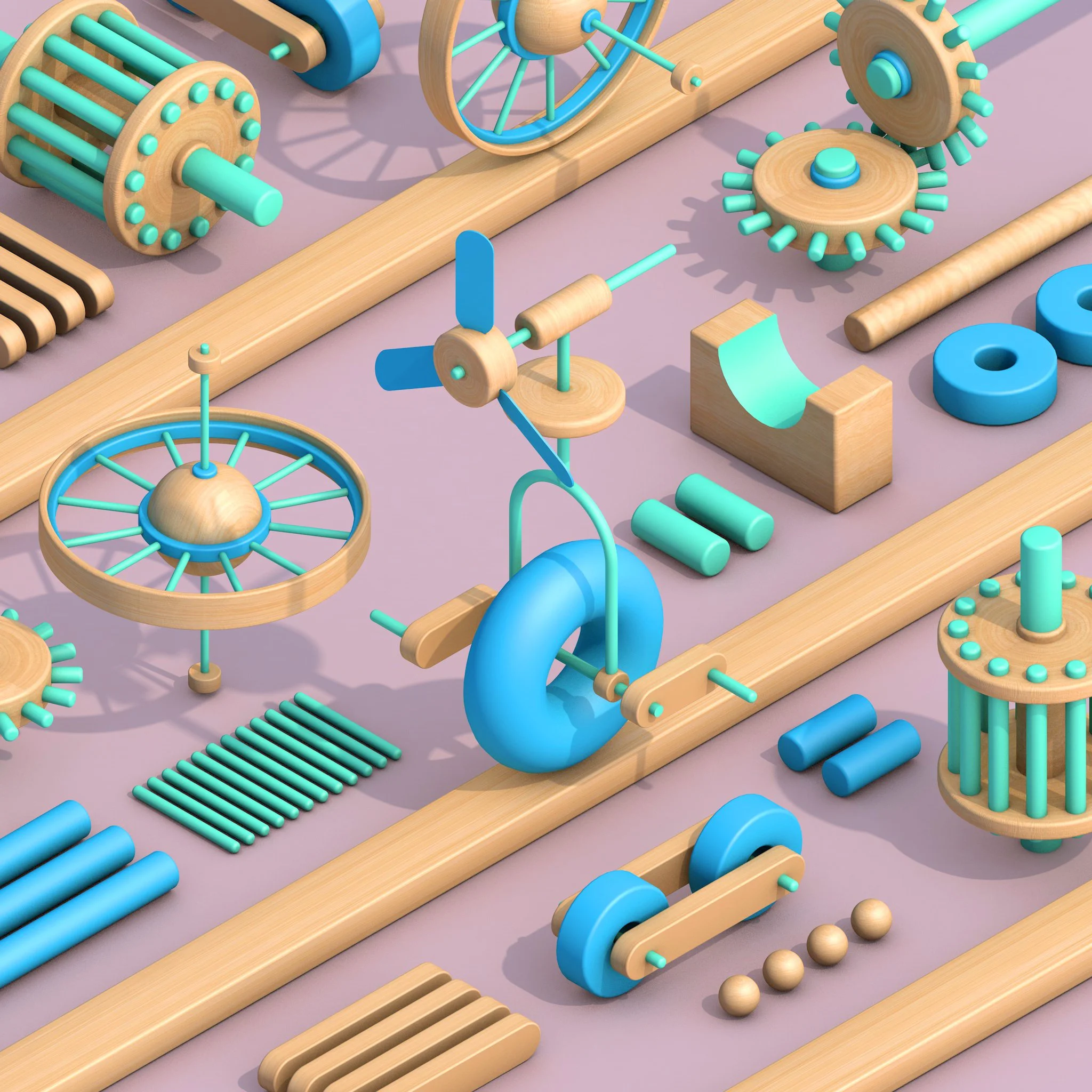 A collection of wooden and plastic toy gears, wheels, rods, and other mechanical parts arranged on a pink surface, appearing as a complex set of educational toys or a model of mechanical components.