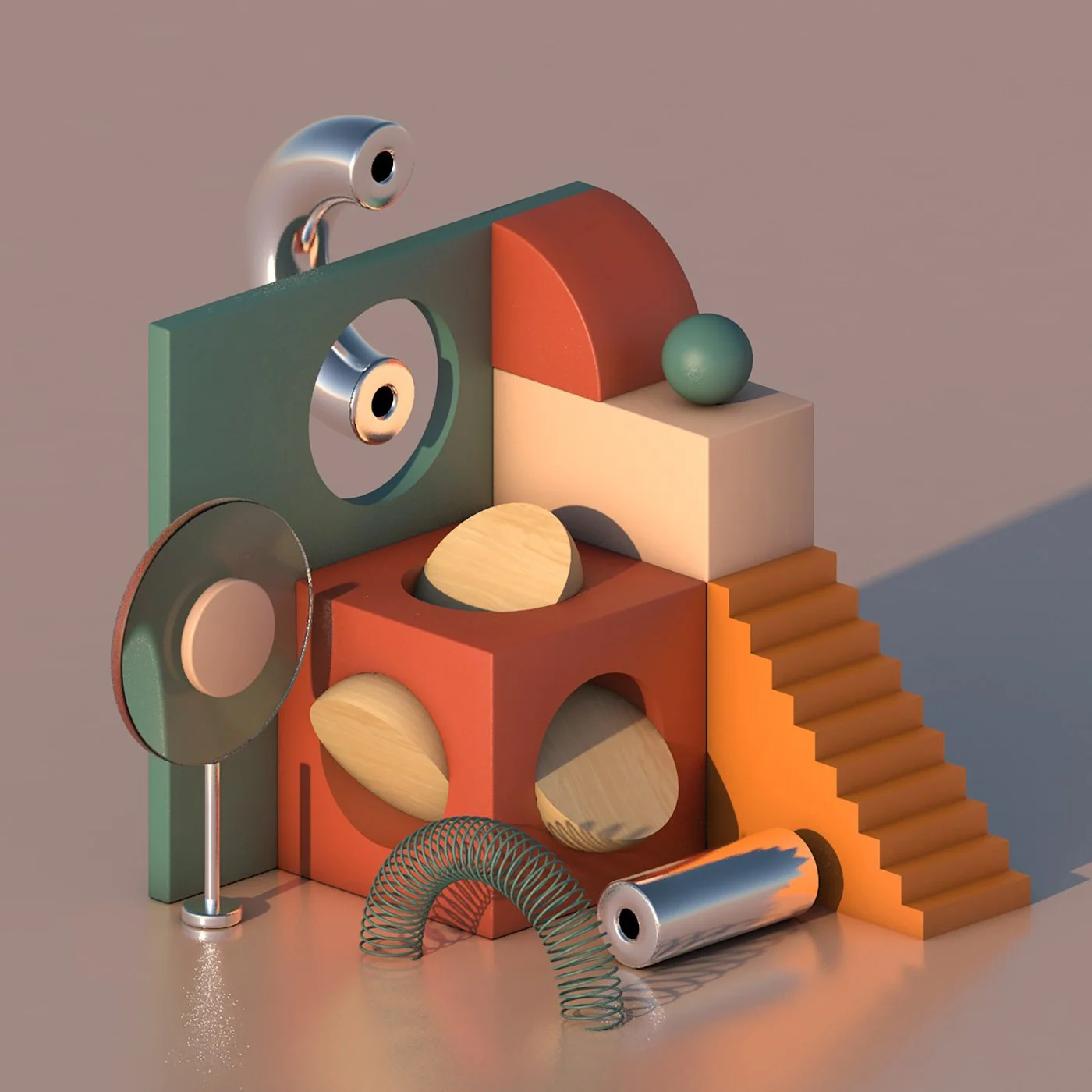 Abstract 3D artwork with geometric shapes, including spheres, cylinders, stairs, and cutouts in pastel colors with metallic and wood textures.