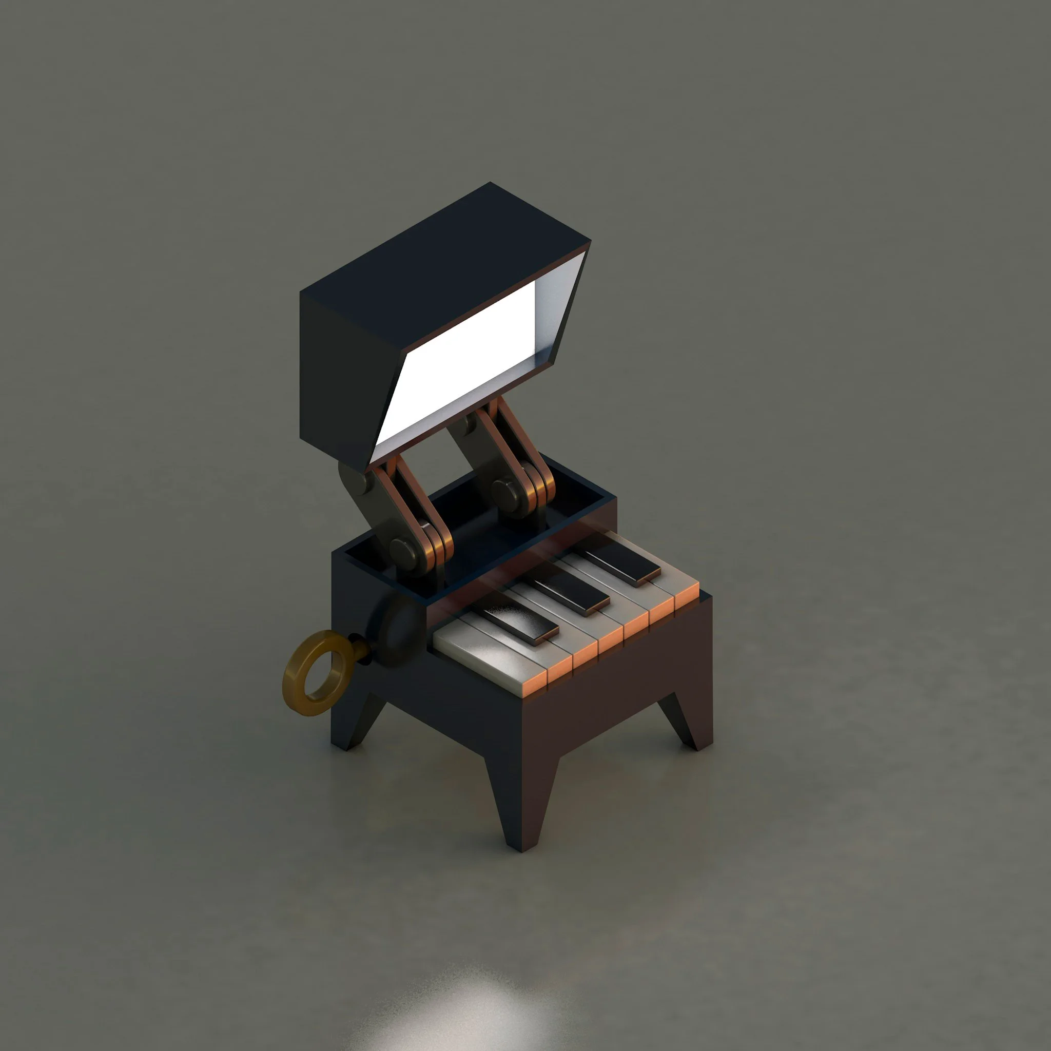 A miniature vintage desk with a small open-top television mounted on a rotatable stand above a piano keyboard surface, featuring a small key on the side.