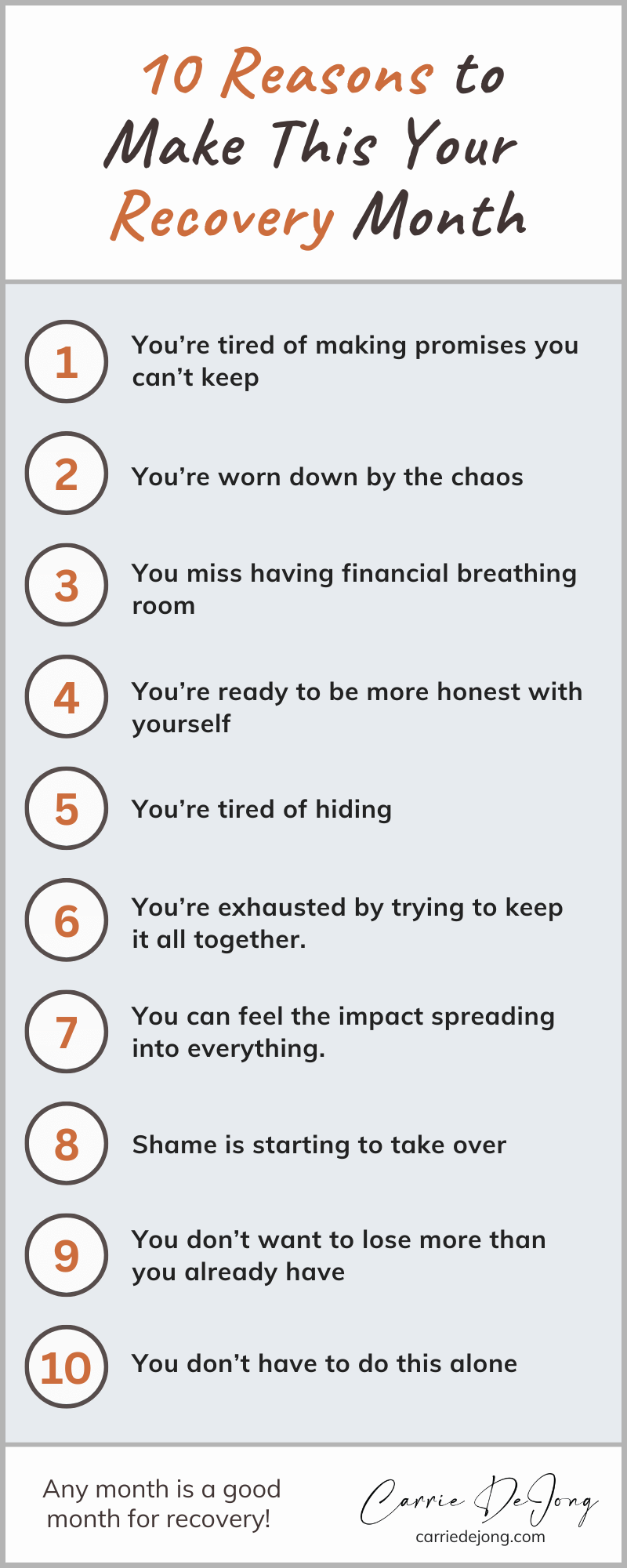 Infographic outlining the 10 reasons to make this your month for recovery.
