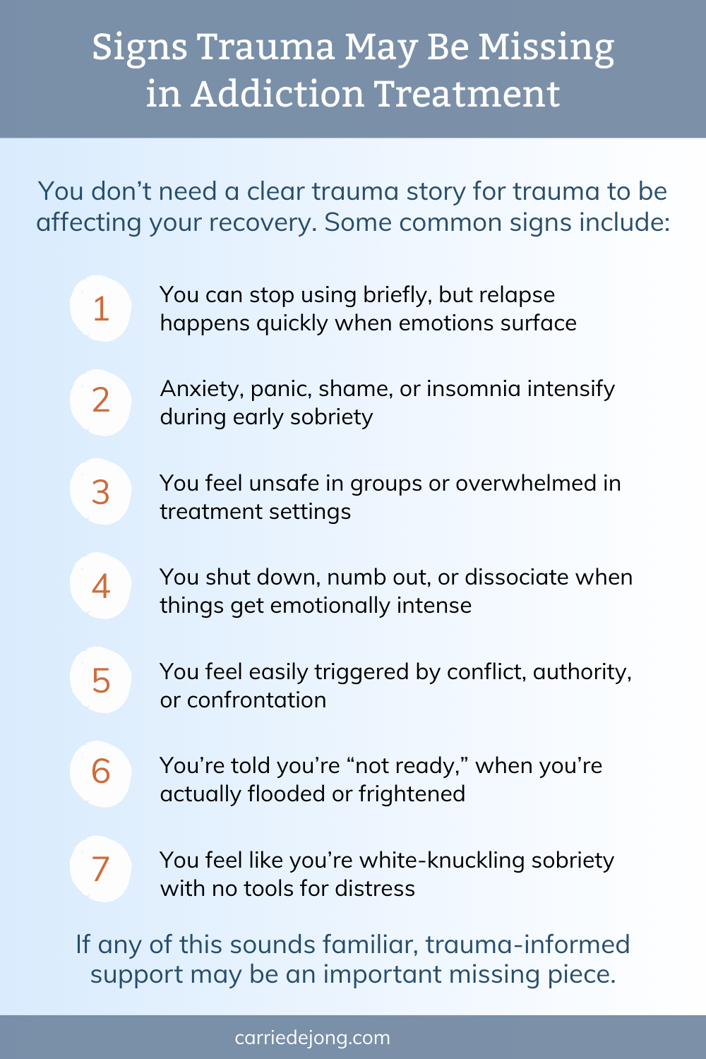 Infographic listing the 10 signs that trauma support may be missing from addiction treatment.