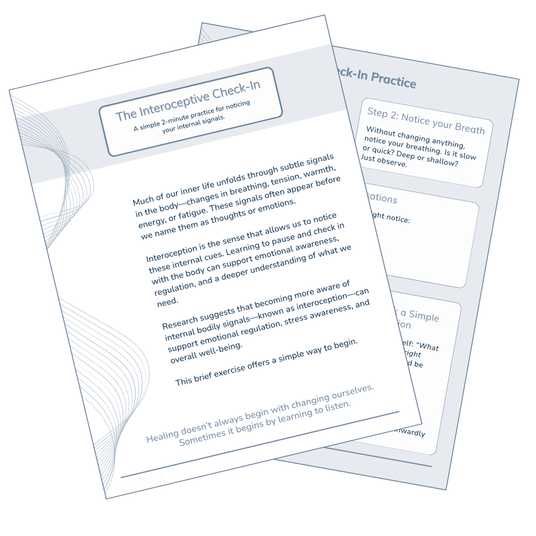 Two informational sheets titled "The Interoceptive Check-In" and "Check-In Practice" containing tips and exercises for noticing internal signals like breath and body cues, with sections providing step-by-step instructions and explanations.