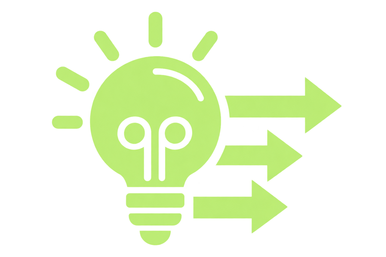 Green light bulb with arrows pointing to the right and a gear inside the bulb, symbolizing ideas and innovation.