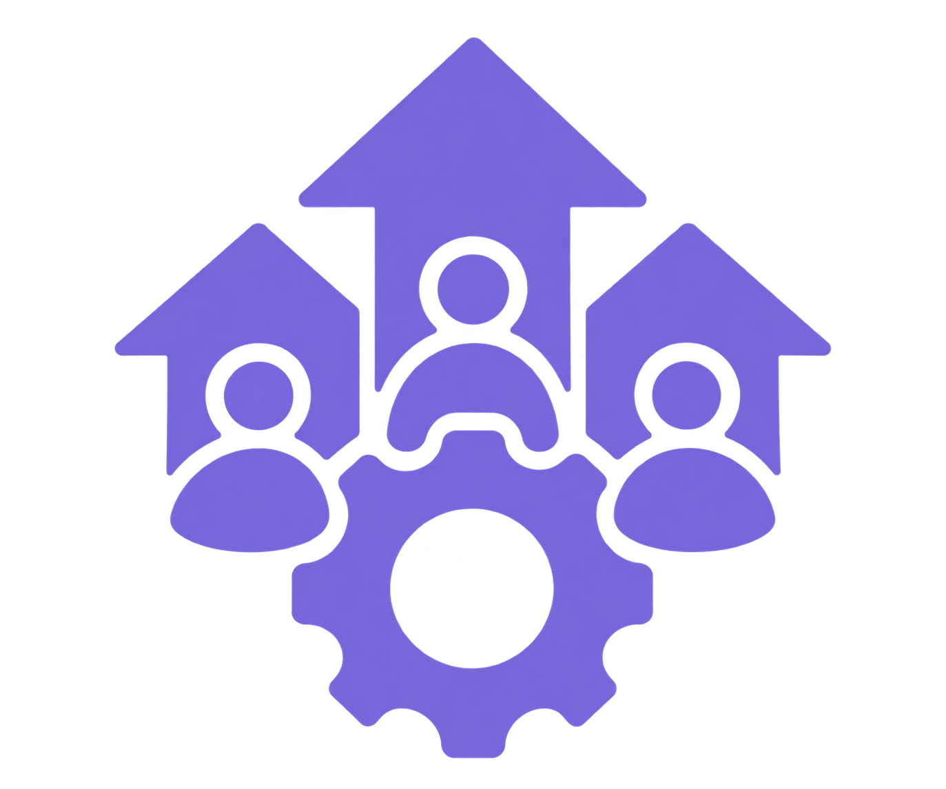Digital illustration of three human figures with upward arrows behind them and a gear symbol below.