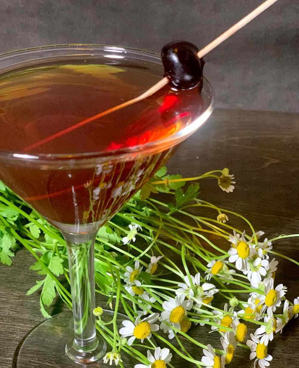 A cocktail glass with a dark red drink garnished with a black olive on a toothpick, placed on a wooden surface with fresh chamomile flowers and green foliage.